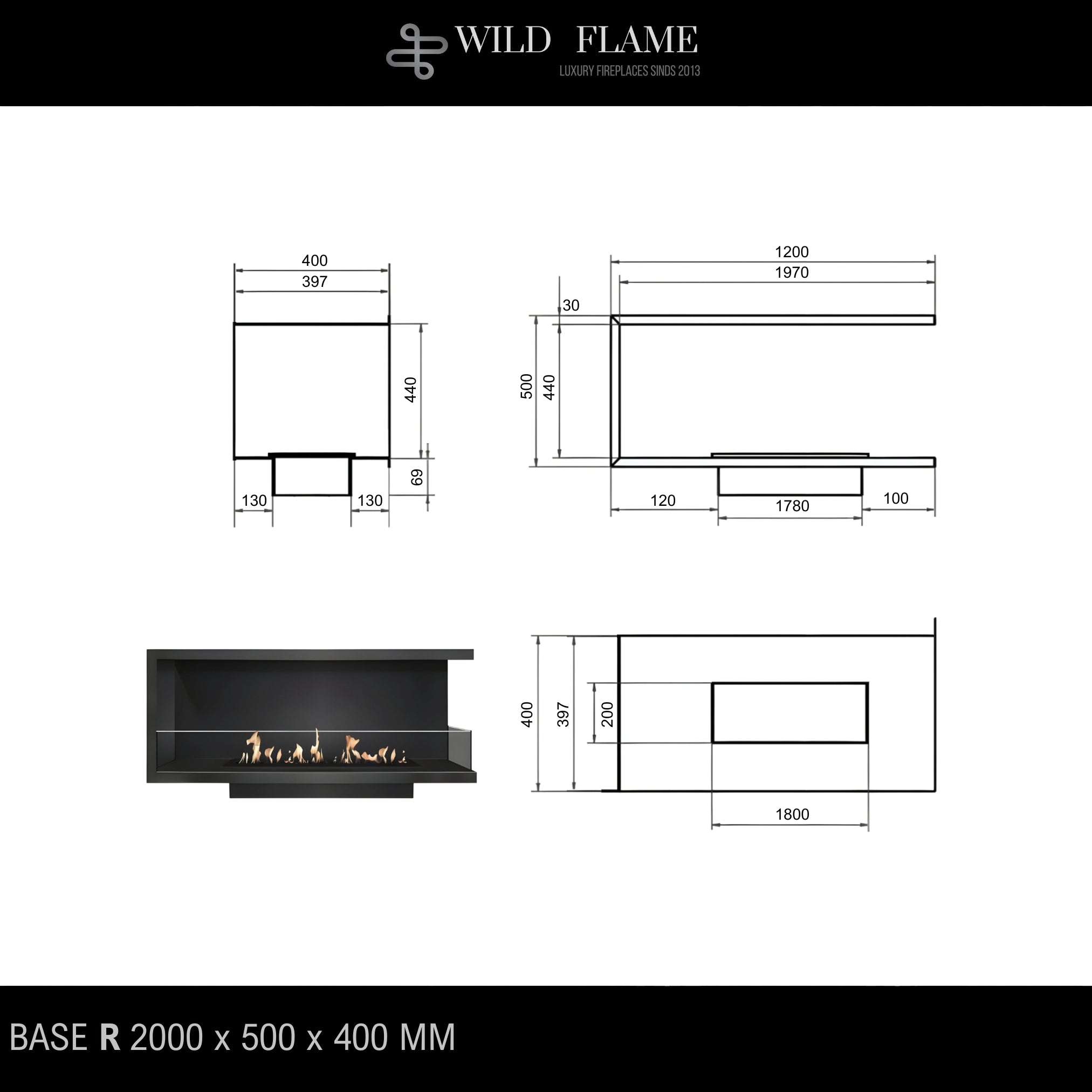 Base Right Built-in Corner Fireplace 200 cm
