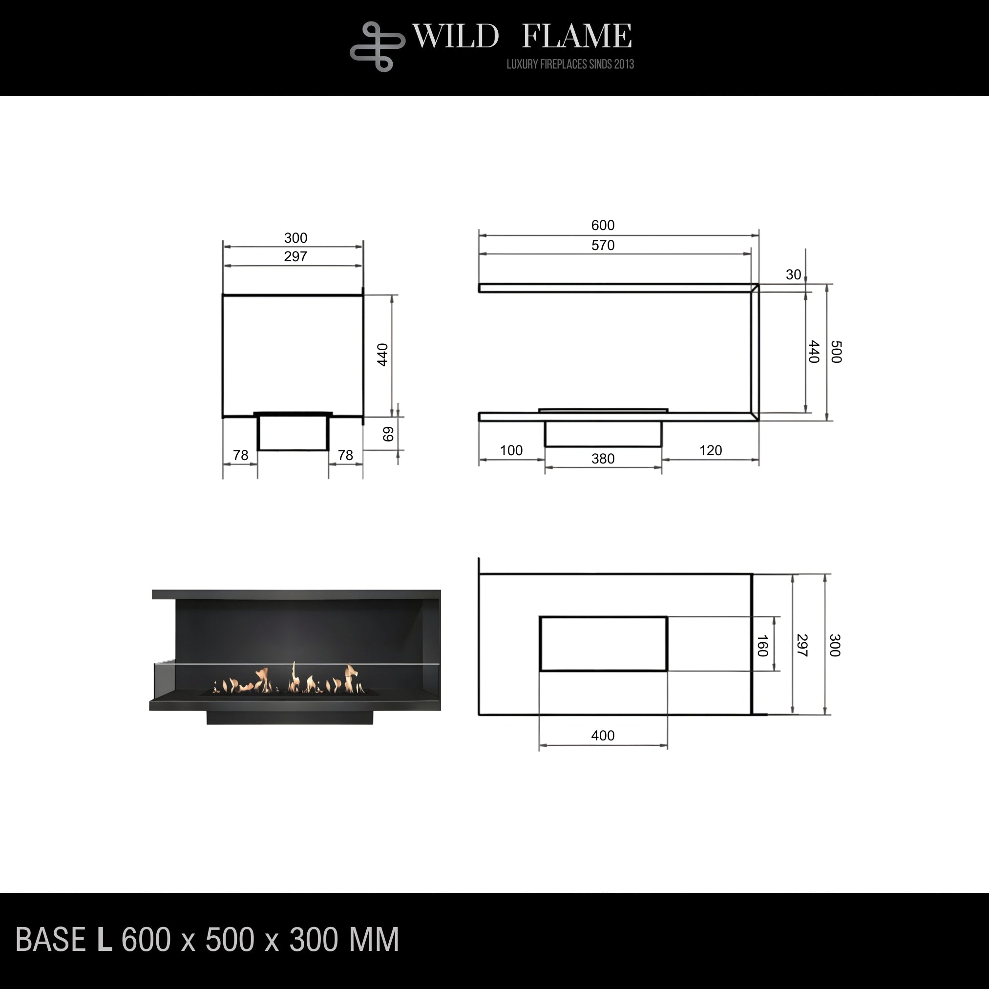 Base Left Built-in Corner Fireplace 60 cm