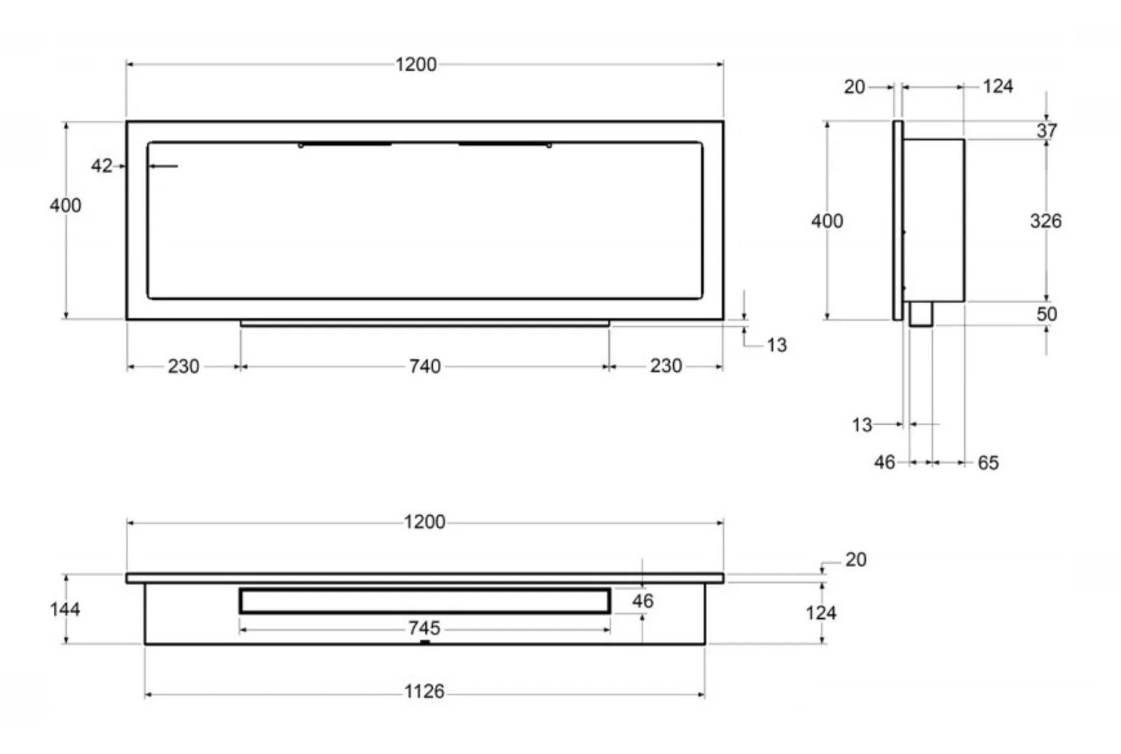 Bio Ethanol Built-In Fireplace Black 120 cm