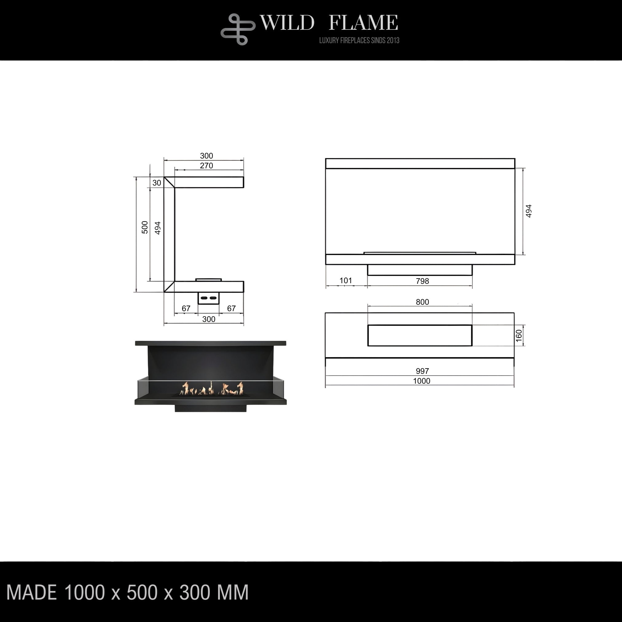 Made Three-sided built-in fireplace 100 cm