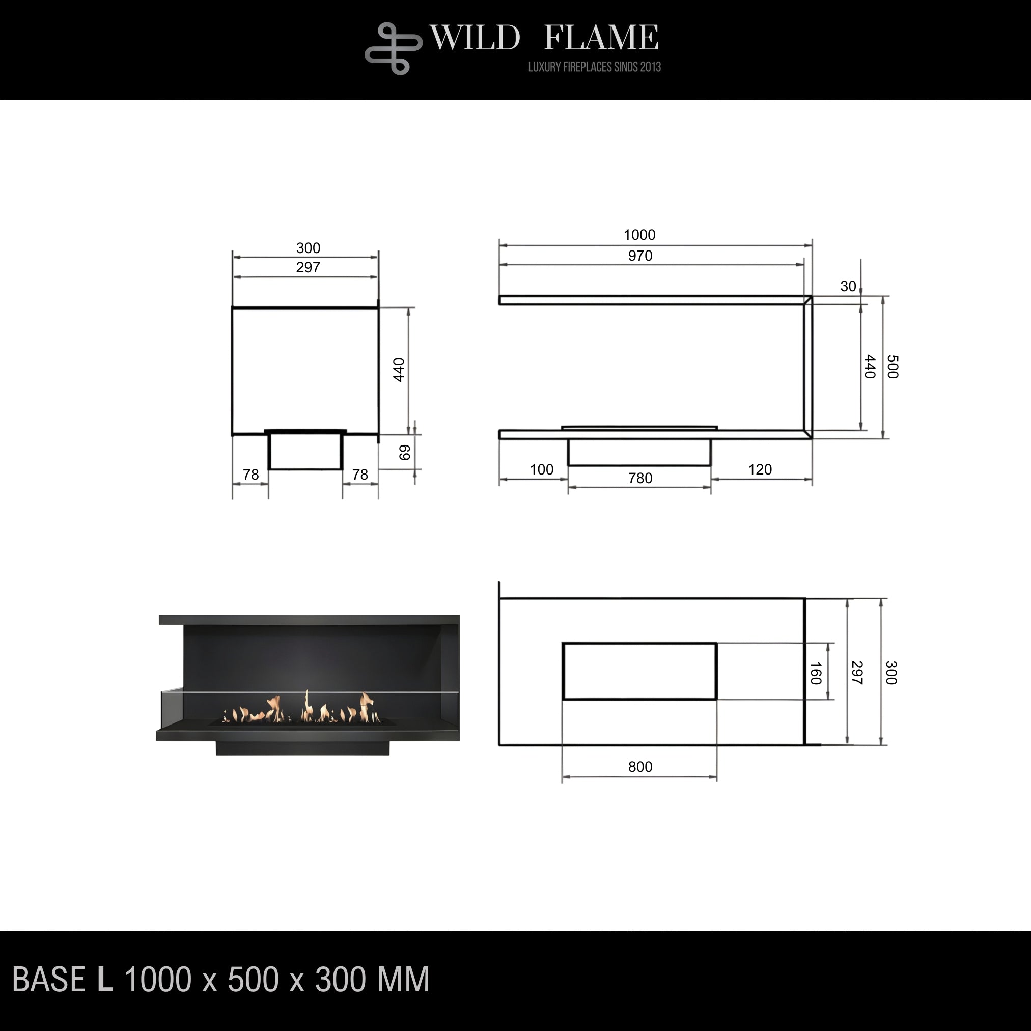 Base Left Built-in Corner Fireplace 100 cm