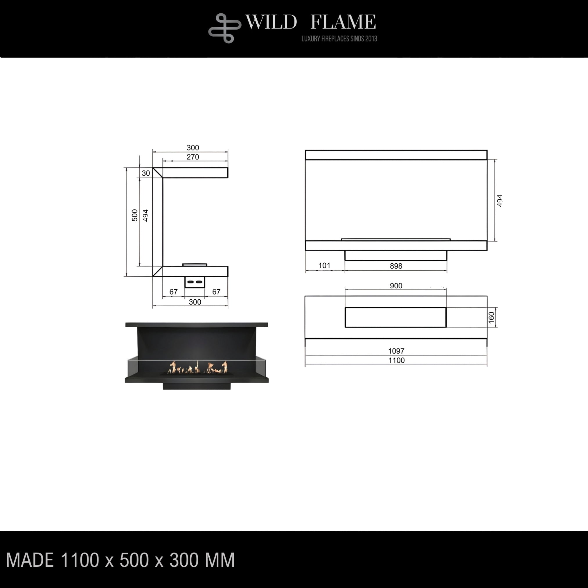 Made Three-sided built-in fireplace 110 cm