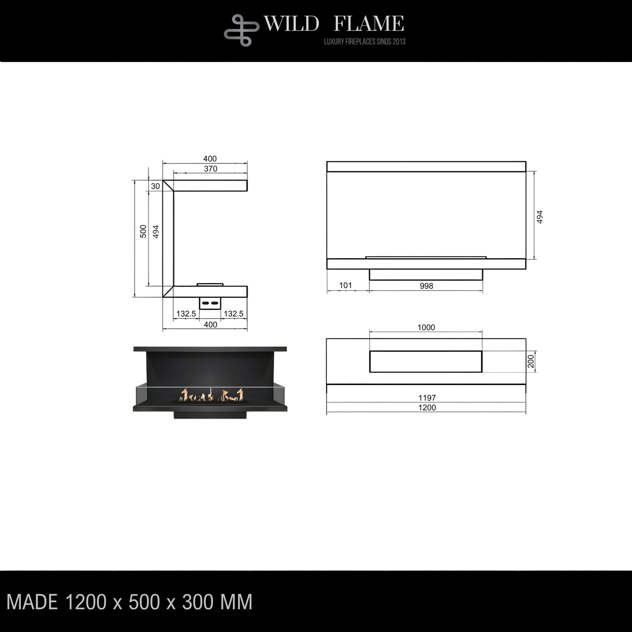 Made Three-sided built-in fireplace 120 cm