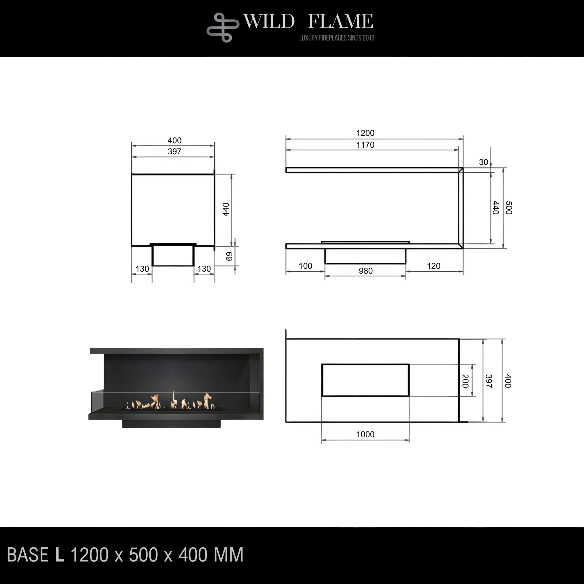 Base Left Built-in Corner Fireplace 120 cm