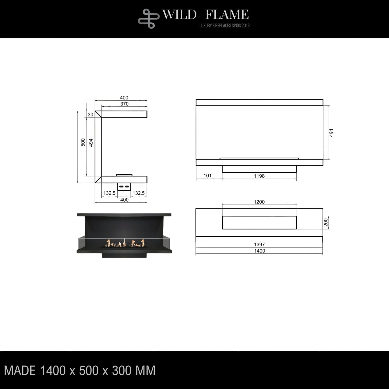 Made Three-sided built-in fireplace 140 cm