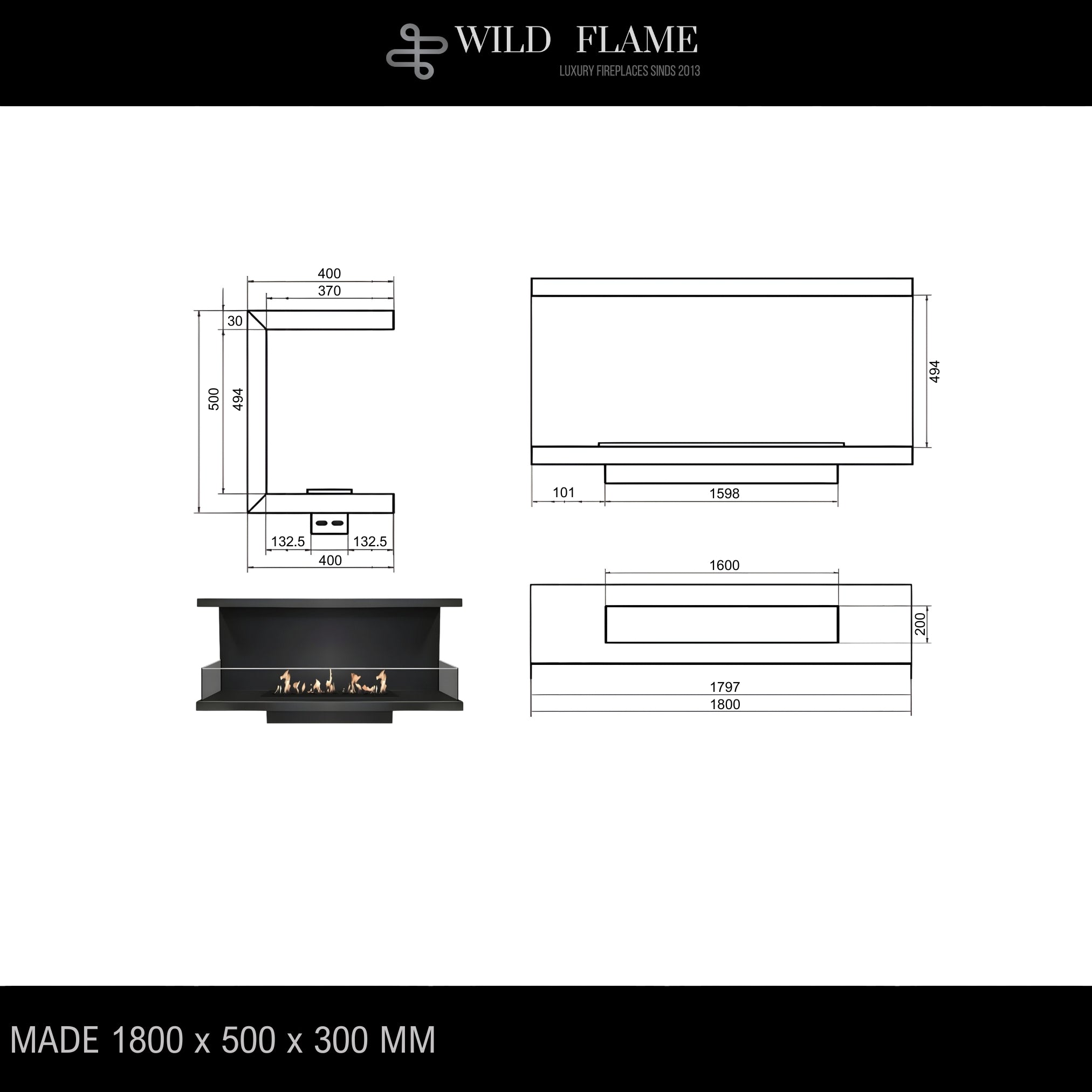 Made Three-sided built-in fireplace 180 cm