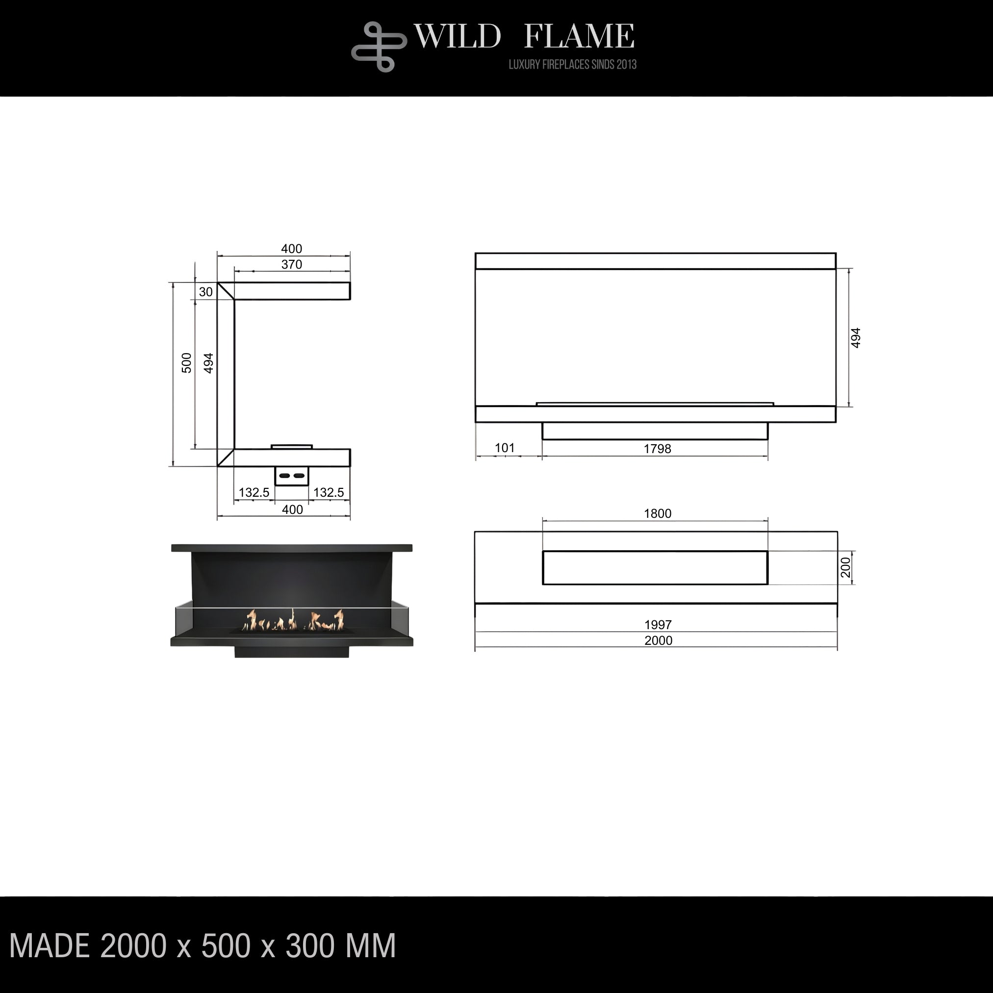 Made Three-sided built-in fireplace 200 cm