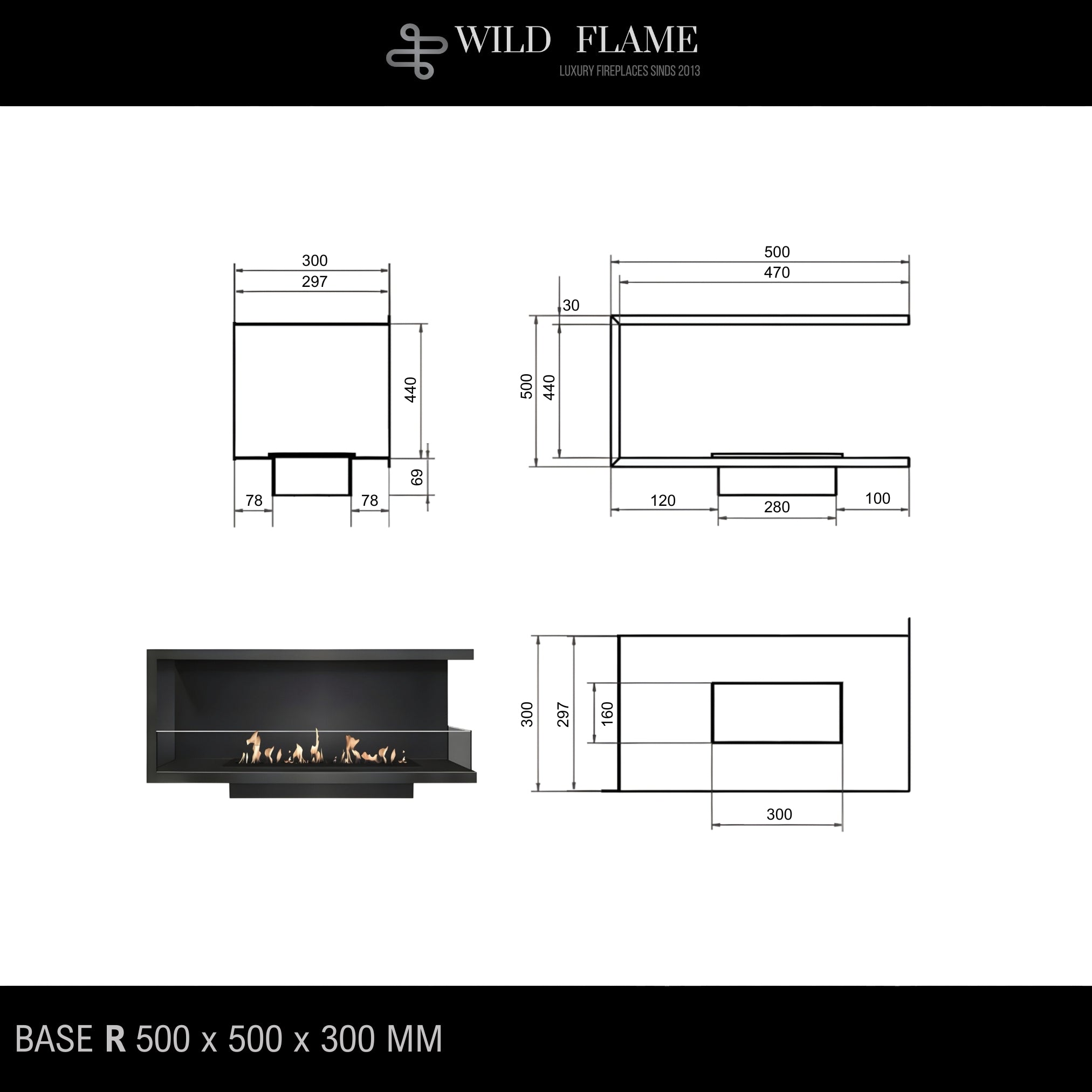 Base Right Built-in Corner Fireplace 50 cm