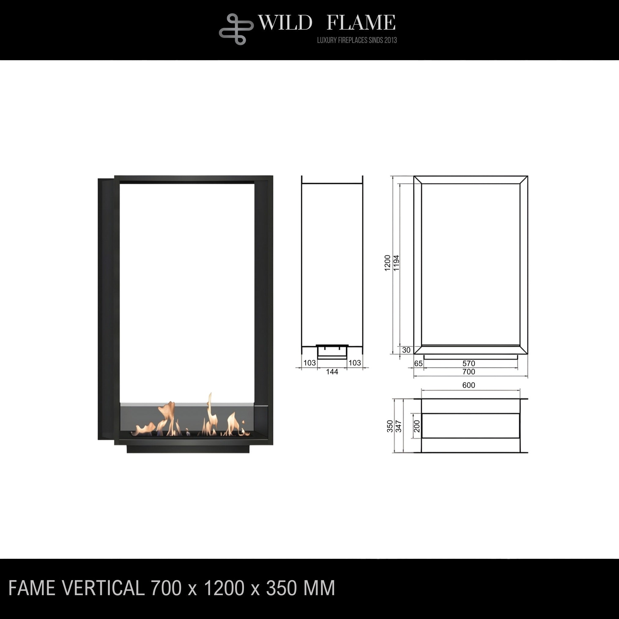 Fame Vertical See-Through Fireplace 70 x 120 cm