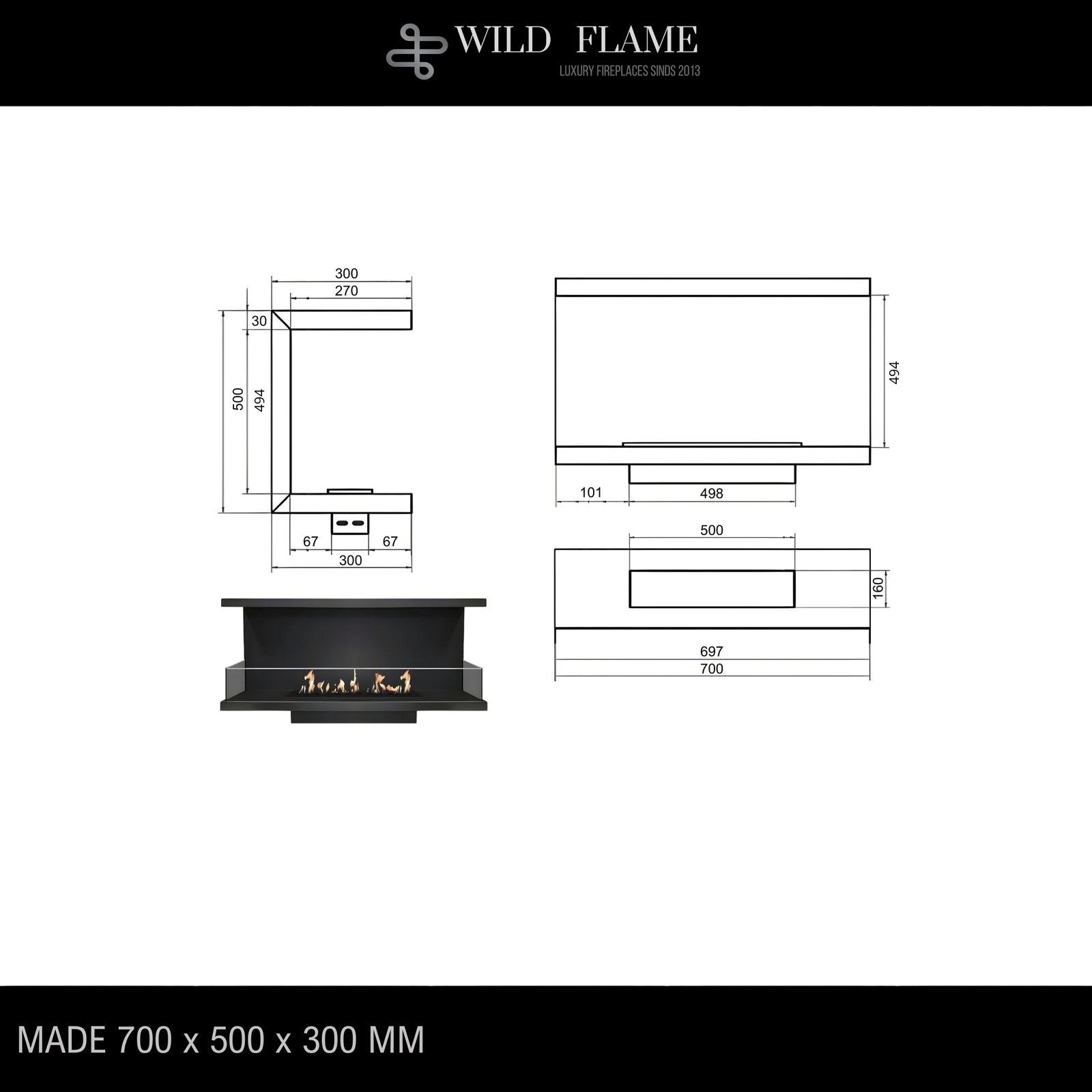 Made Three-sided built-in fireplace 70 cm