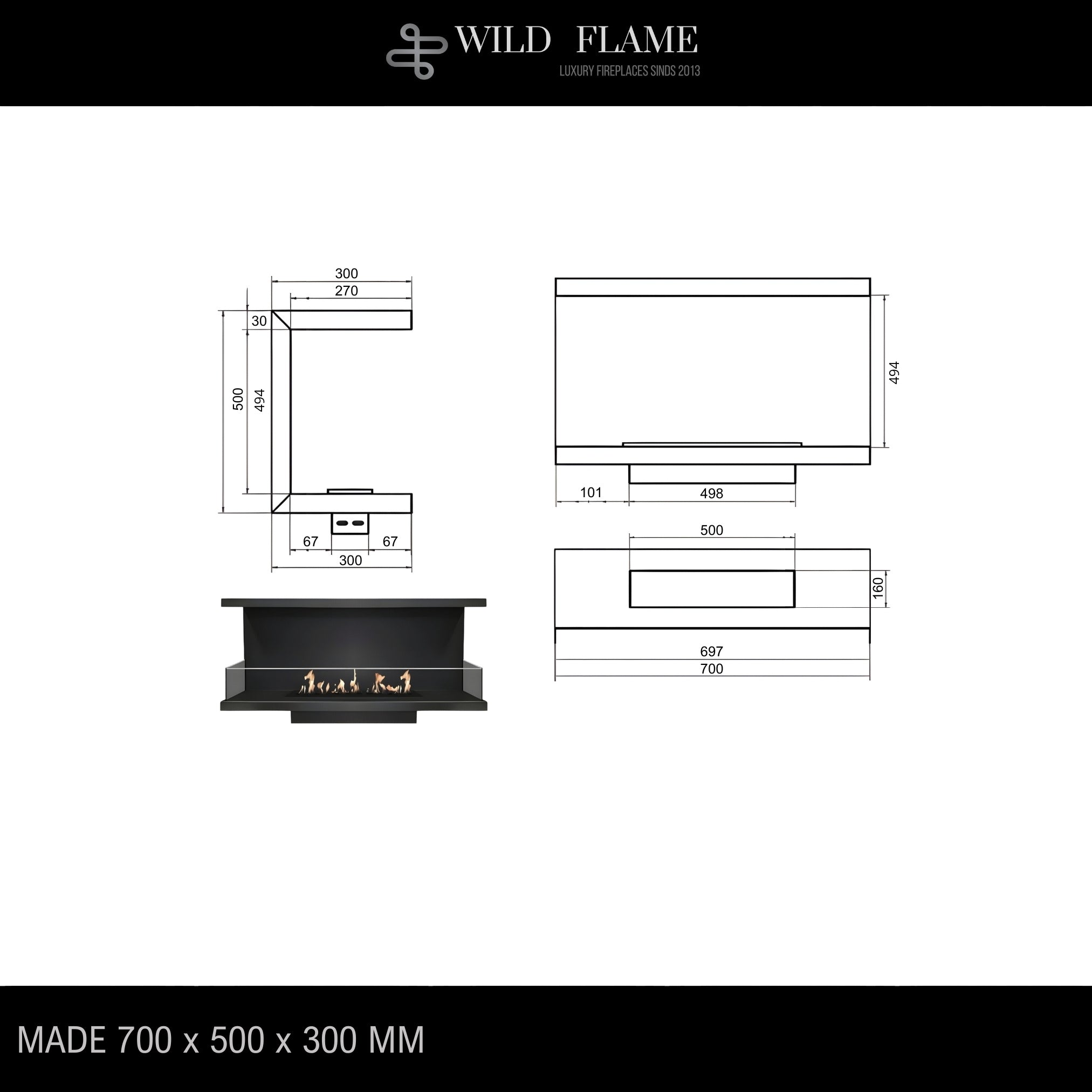 Made Three-sided built-in fireplace 70 cm