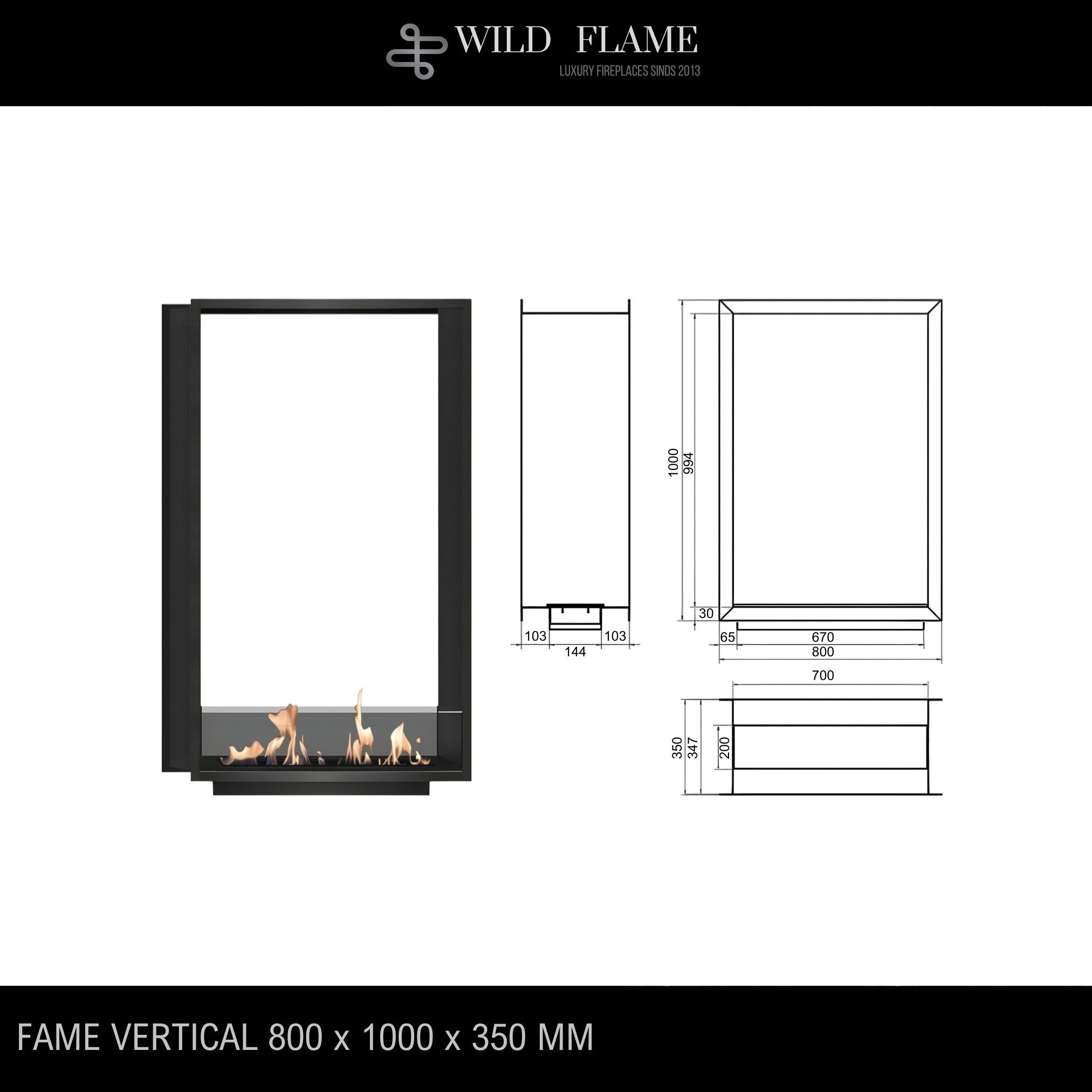 Fame Vertical See-Through Fireplace 80 x 100 cm