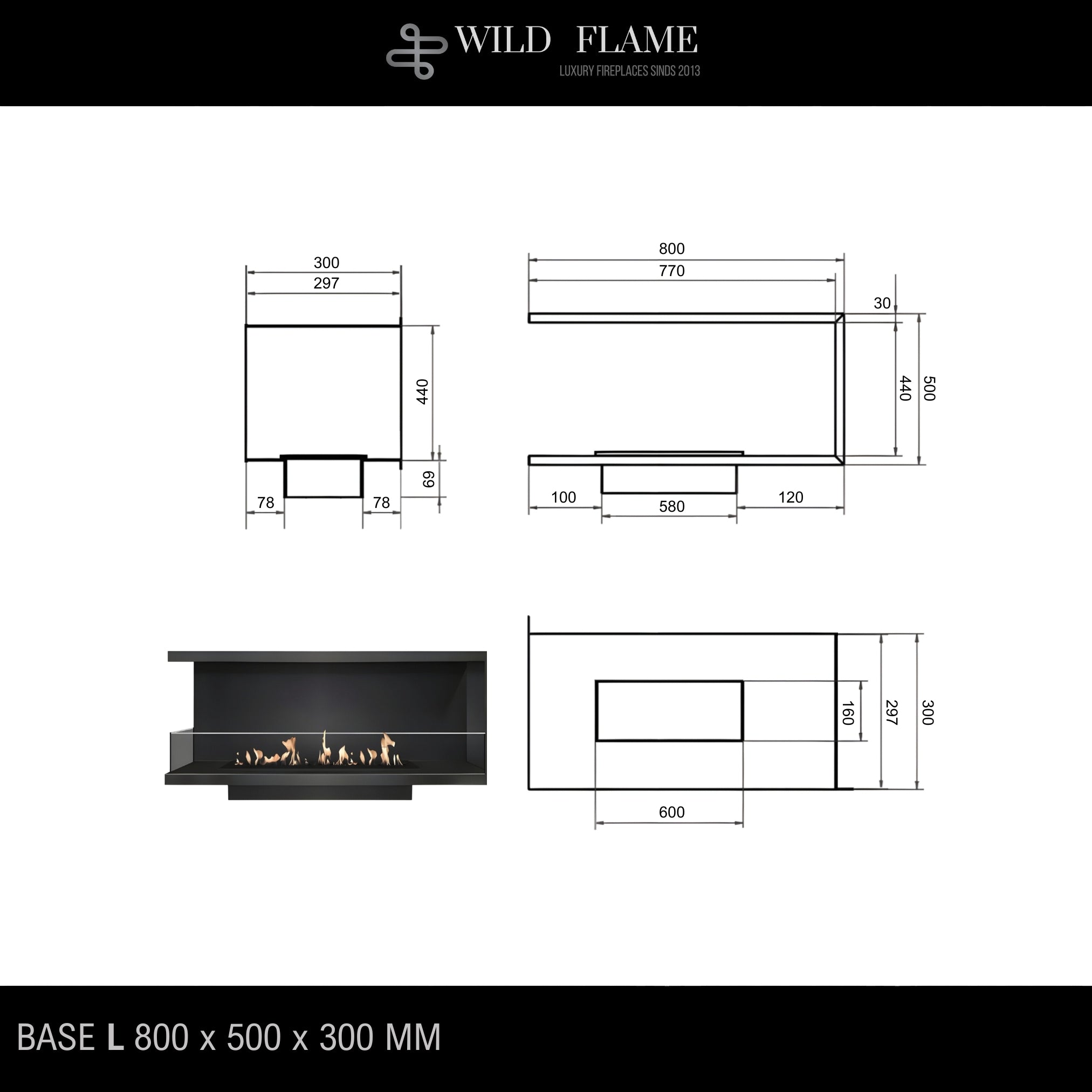 Base Left Built-in Corner Fireplace 80 cm