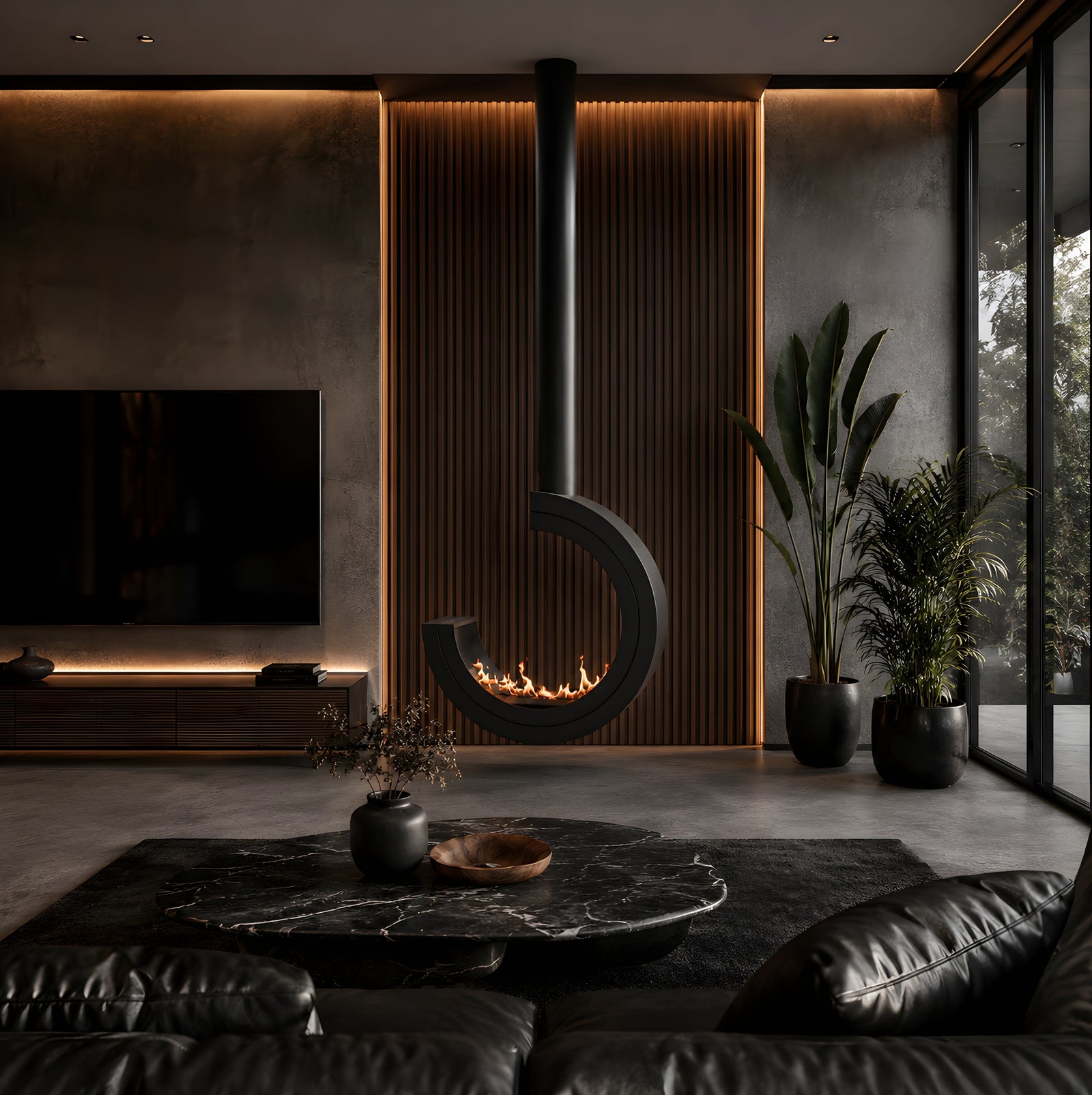 Arcos 3/4 Tube Ceiling Fireplace Black Ø80 - Ø120 cm