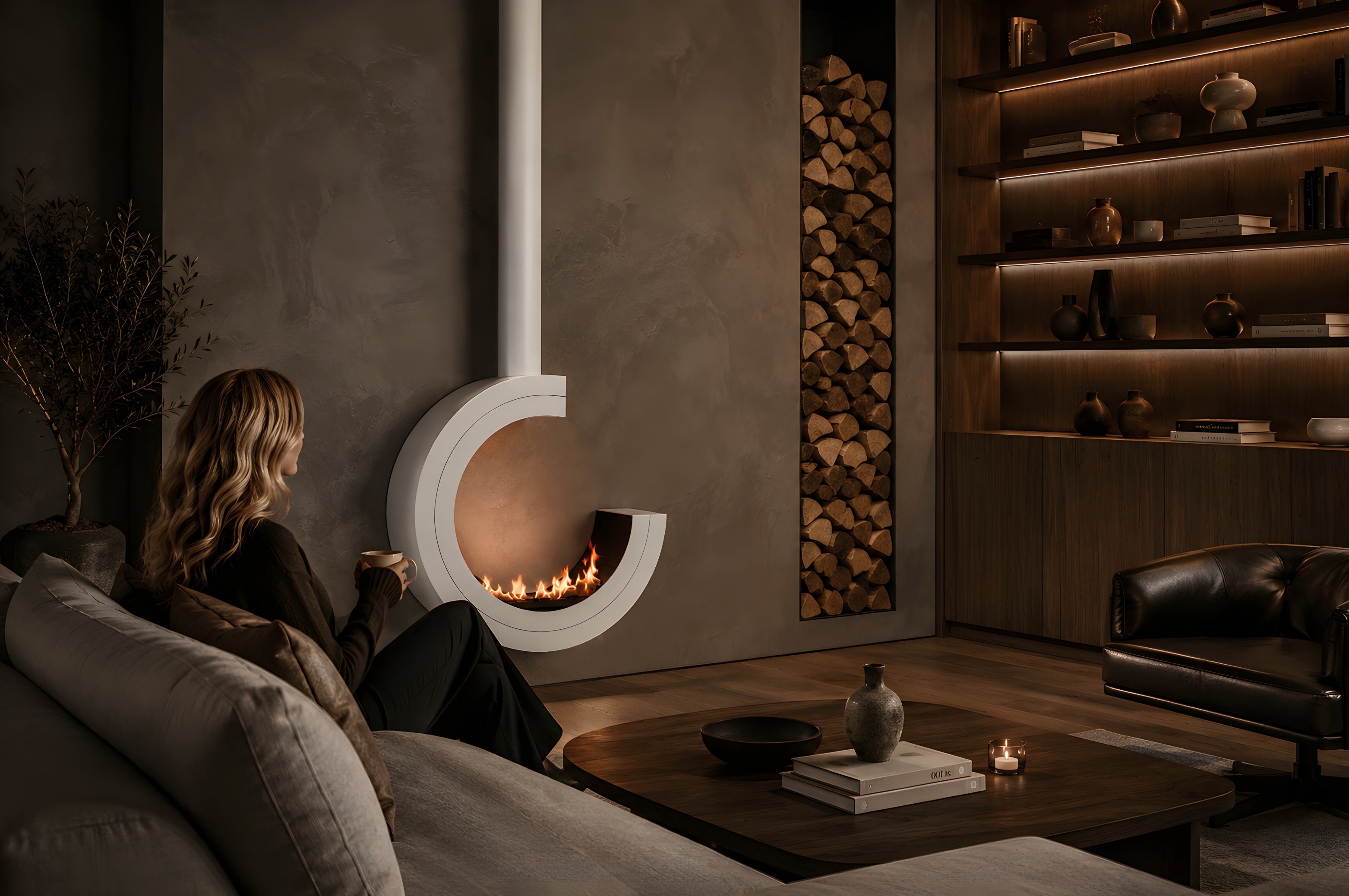 Image of Arcos 3/4 Tube Ceiling Fireplace White Ø80 - Ø120 cm