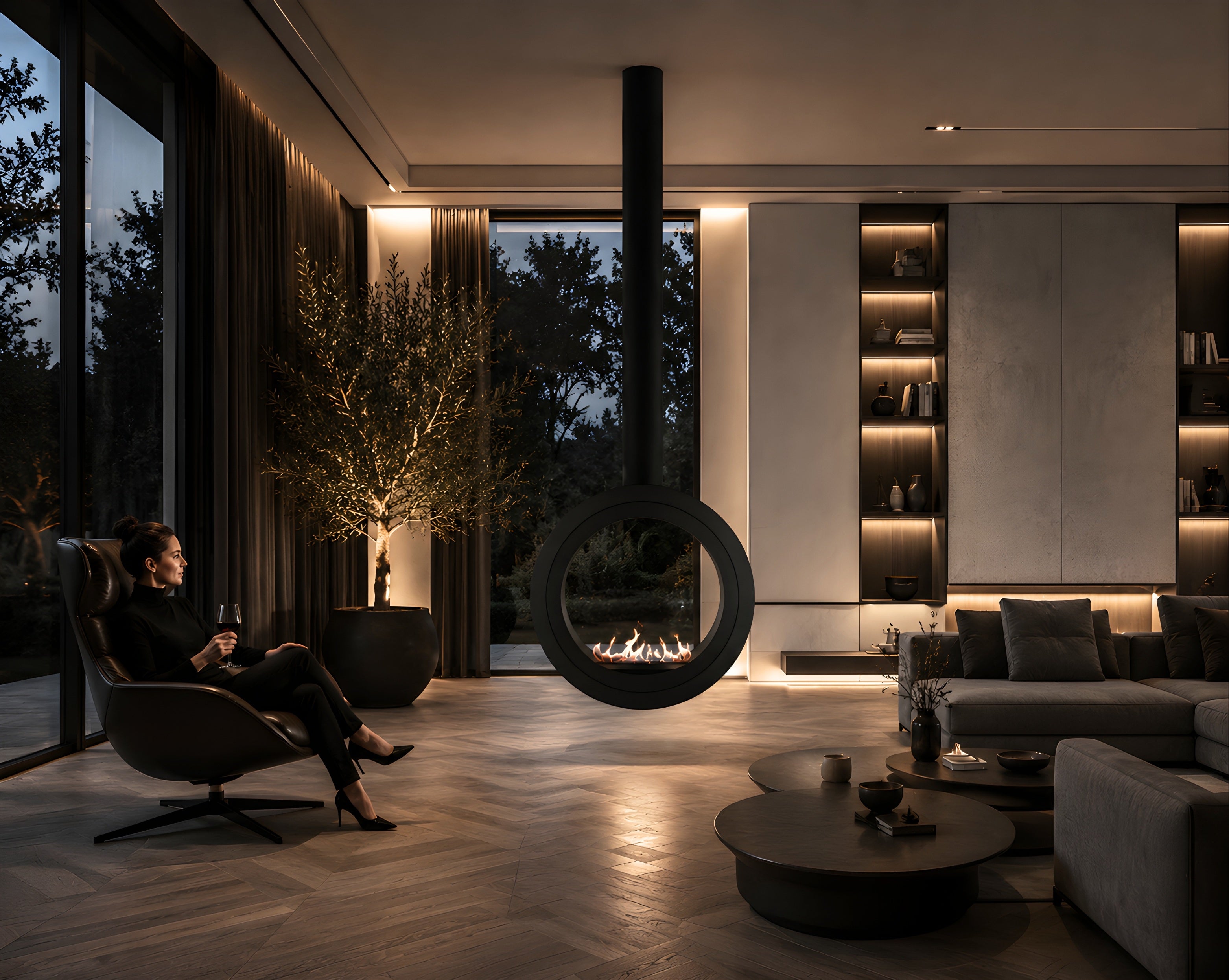 Image of Arcos Tube Ceiling Fireplace Black Ø80 - Ø120 cm