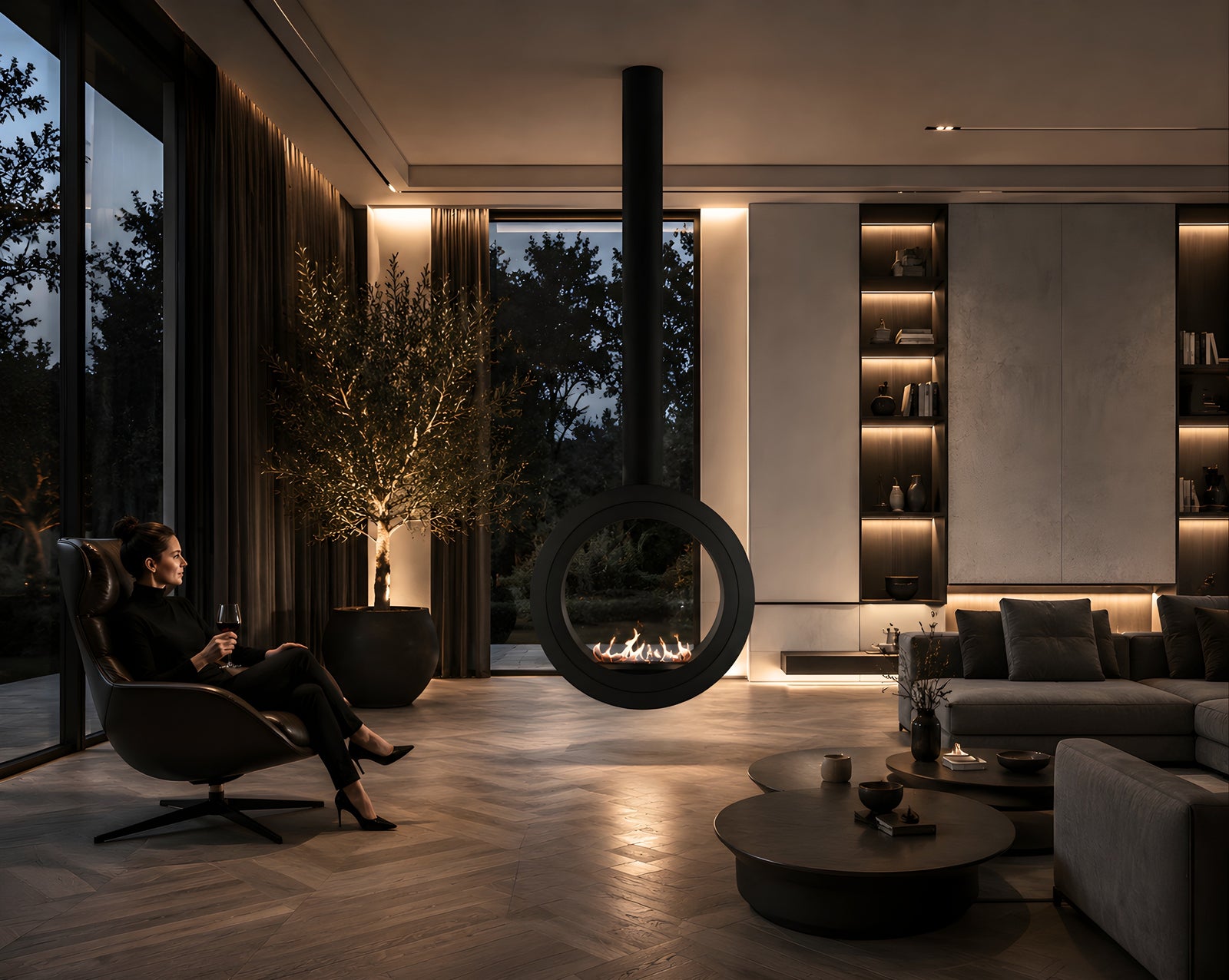 Arcos Tube Ceiling Fireplace Black Ø80 - Ø120 cm
