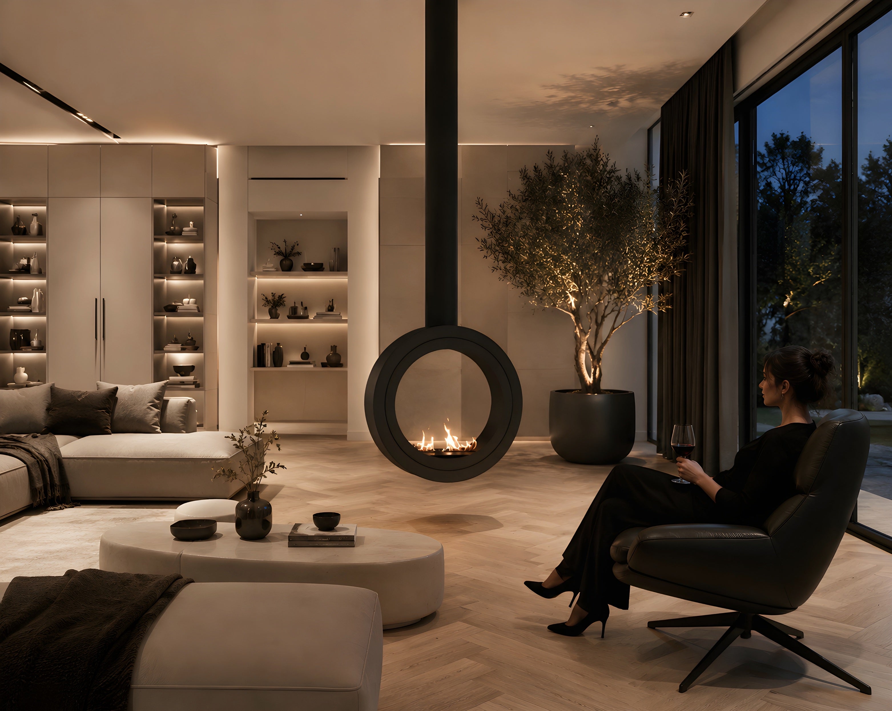 Image of Arcos Tube Ceiling Fireplace Black Ø80 - Ø120 cm