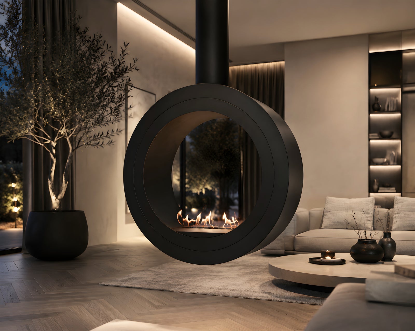 Arcos Tube Ceiling Fireplace Black Ø80 - Ø120 cm