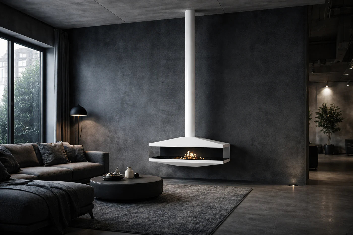 Aura Close Tube White See-Through Ceiling Fireplace 120 cm