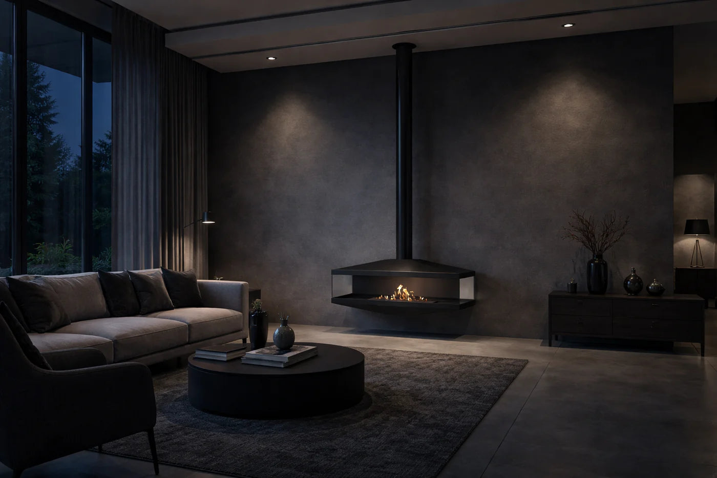 Aura Close Tube Black See-Through Ceiling Fireplace 120 cm