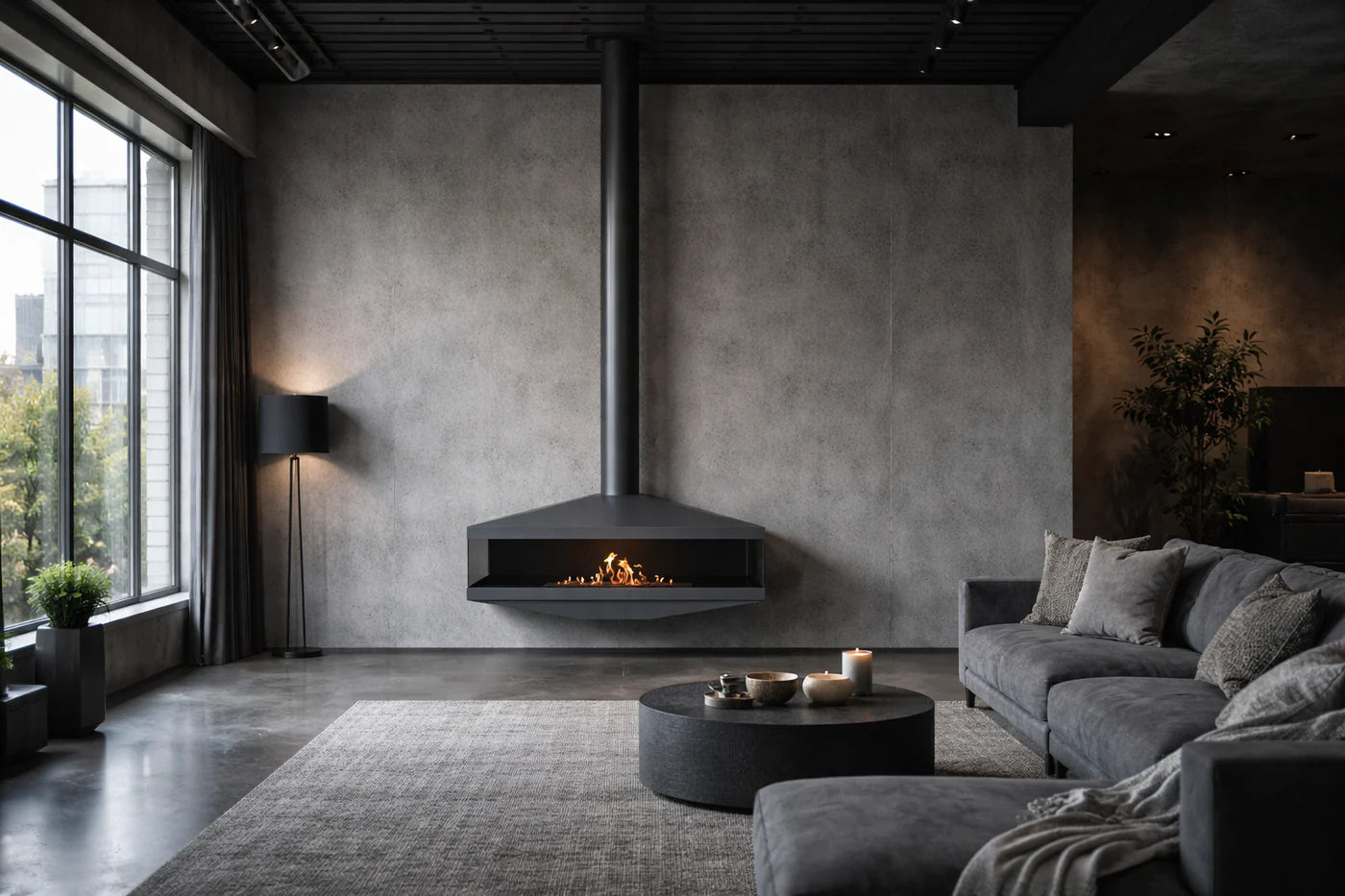 Image of Aura Close Tube Black See-Through Ceiling Fireplace 120 cm