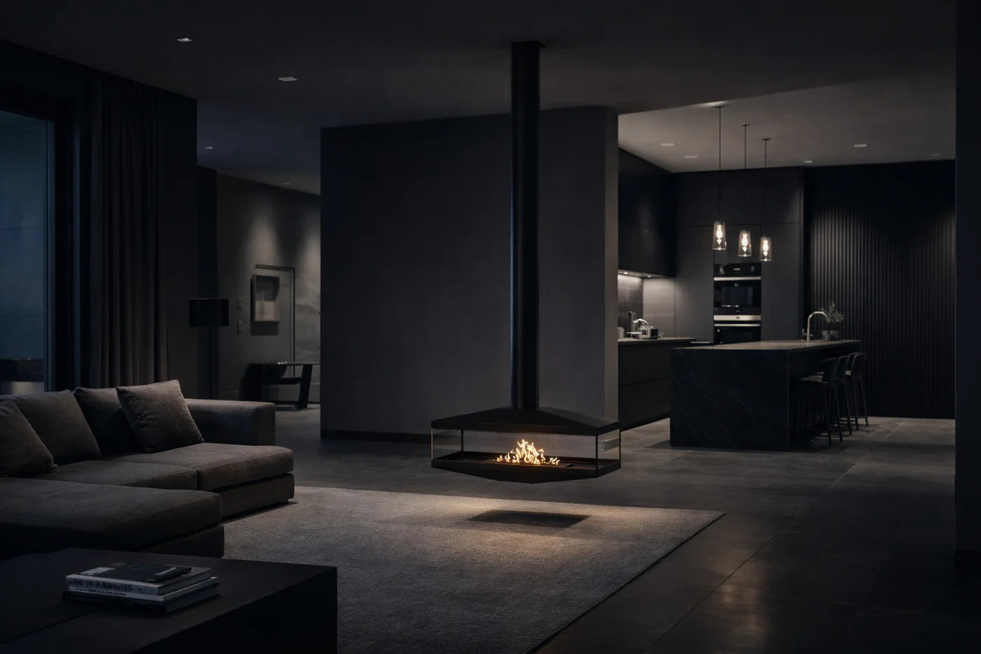 Image of Aura Tube Black See-through Ceiling Fireplace 120 cm