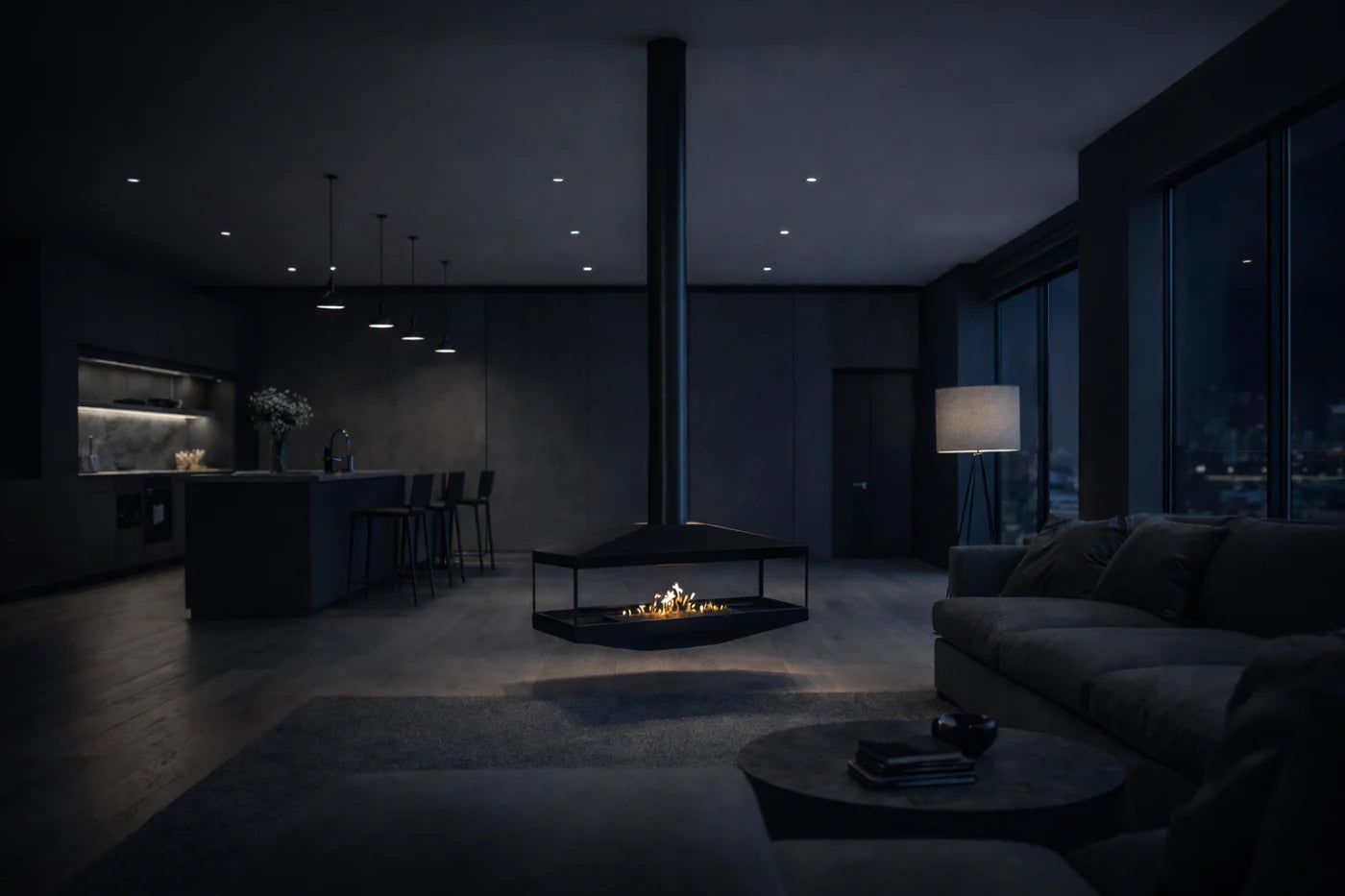 Aura Tube Black See-through Ceiling Fireplace 120 cm
