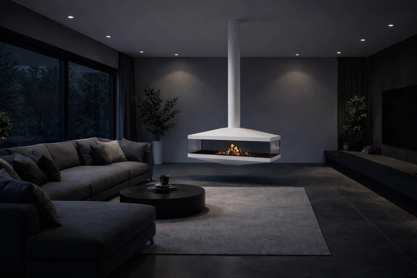 Aura Tube White See-Through Ceiling Fireplace 120 cm