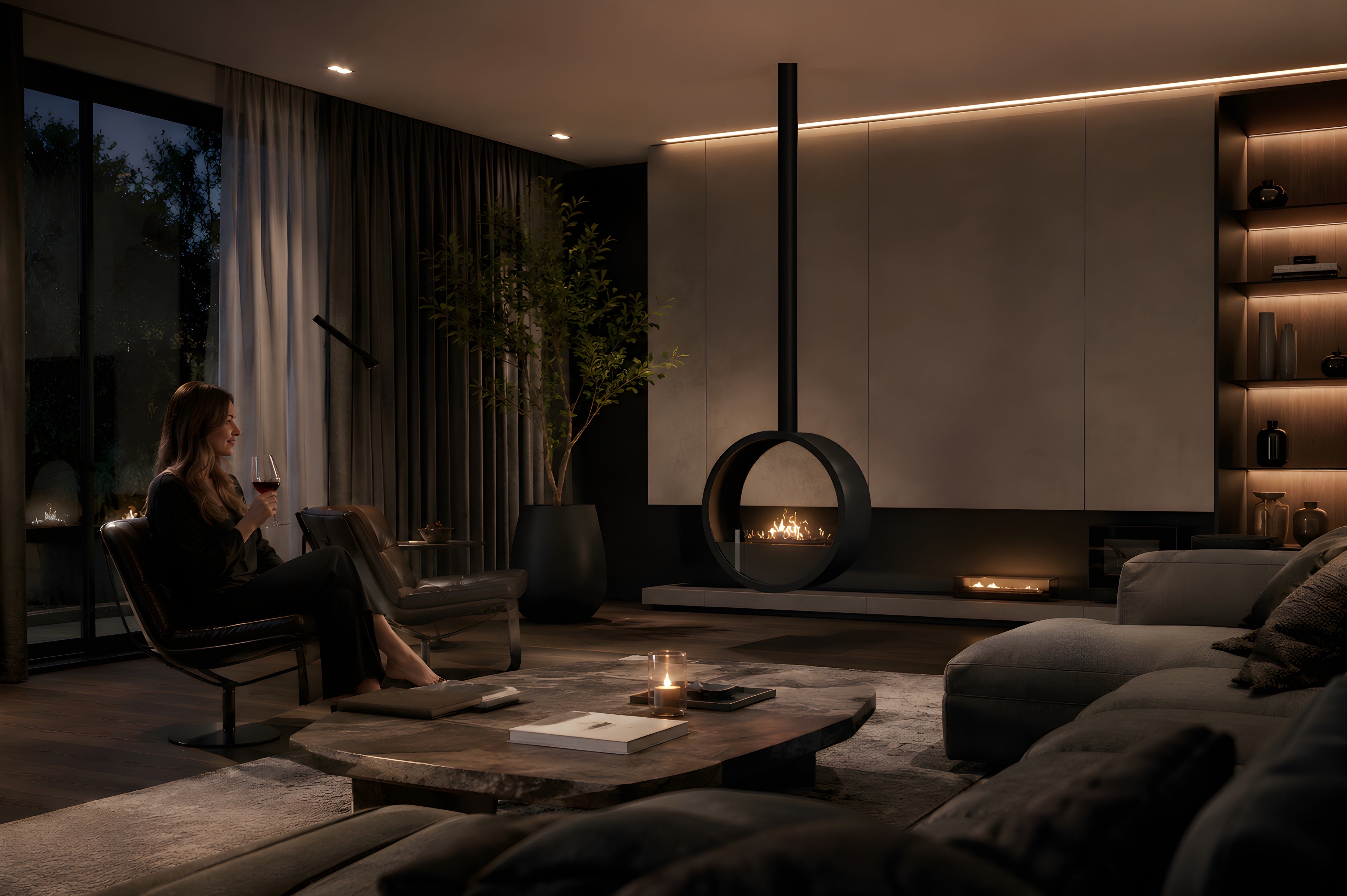 Image of Aurel Roundfire Ceiling Fireplace Black Ø80 - Ø120 cm