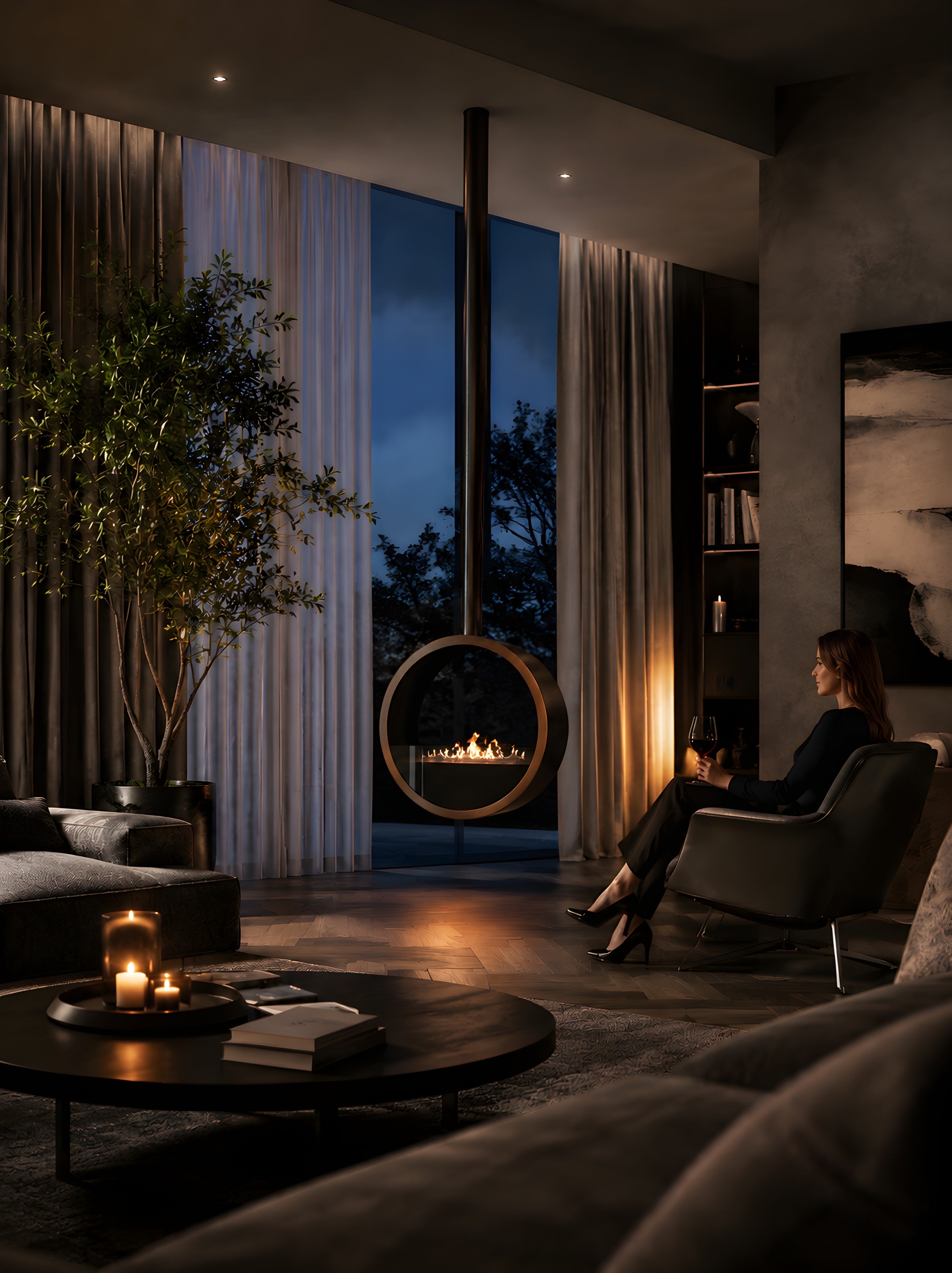 Image of Aurel Roundfire Ceiling Fireplace Dark Bronze Ø80 - Ø120 cm