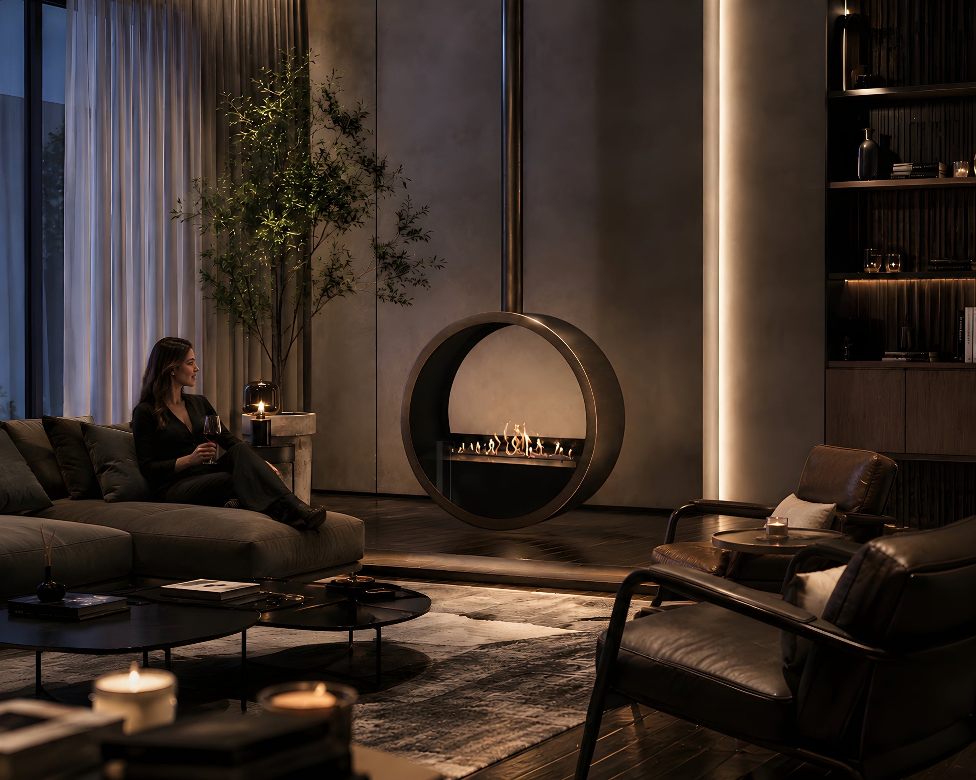 Aurel Roundfire Ceiling Fireplace Dark Bronze Ø80 - Ø120 cm