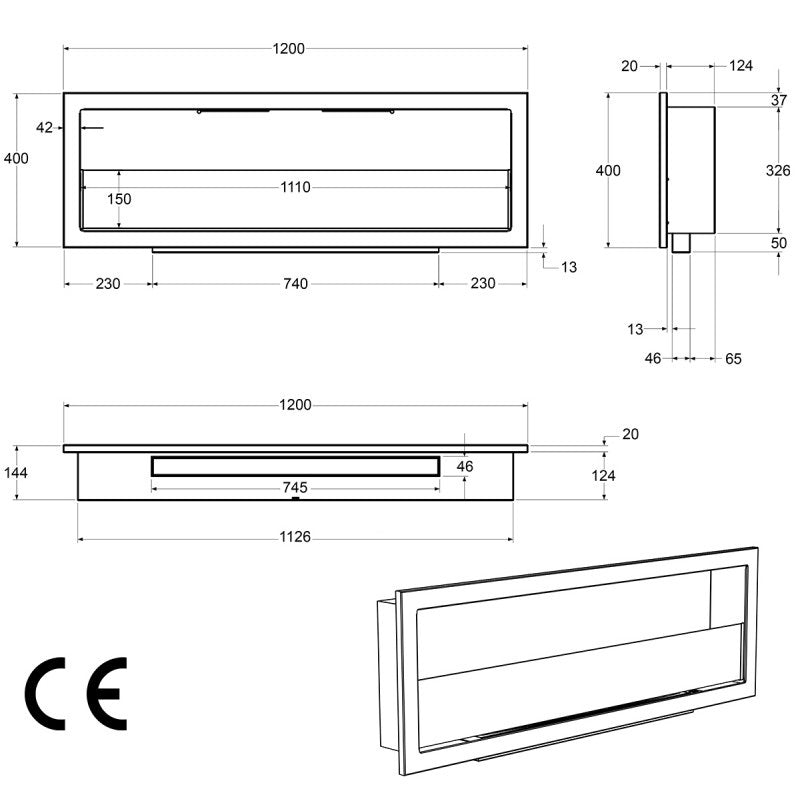 Bio Ethanol Built-In Fireplace Black 120 cm