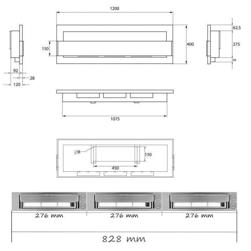 Bio Ethanol Built-In - Wall Fireplace Black 120 cm