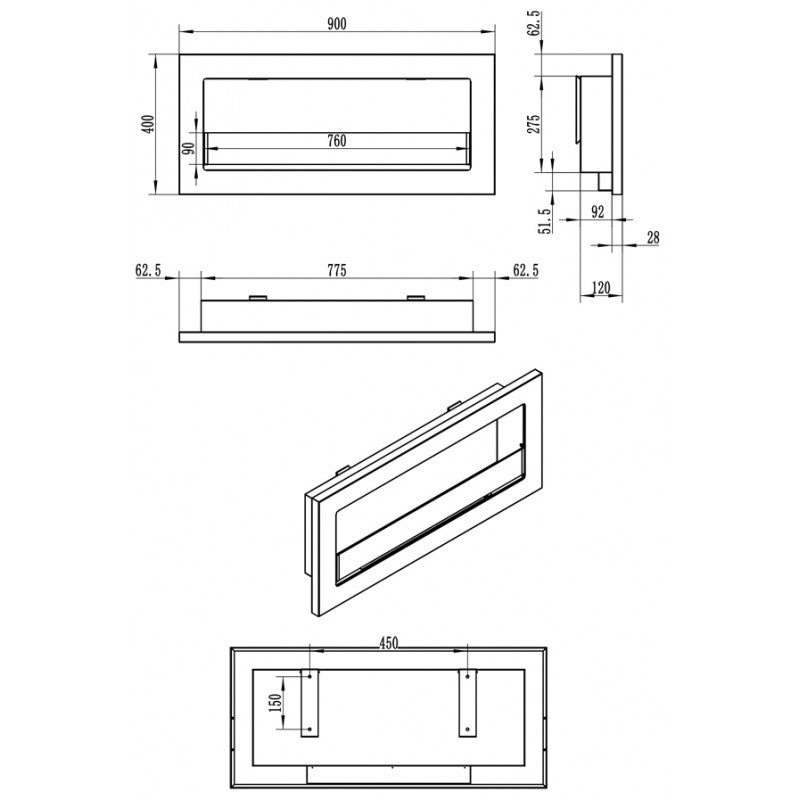 Bio Ethanol Built-In - Wall Fireplace Black 90 cm