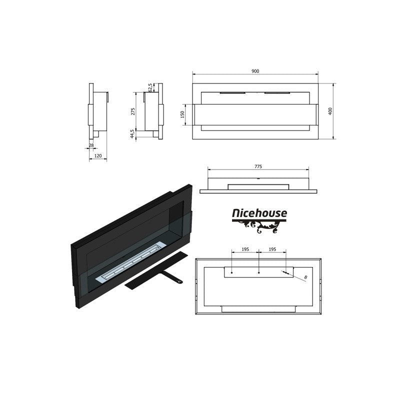 Bio Ethanol Built-In - Wall Fireplace Black 90 cm