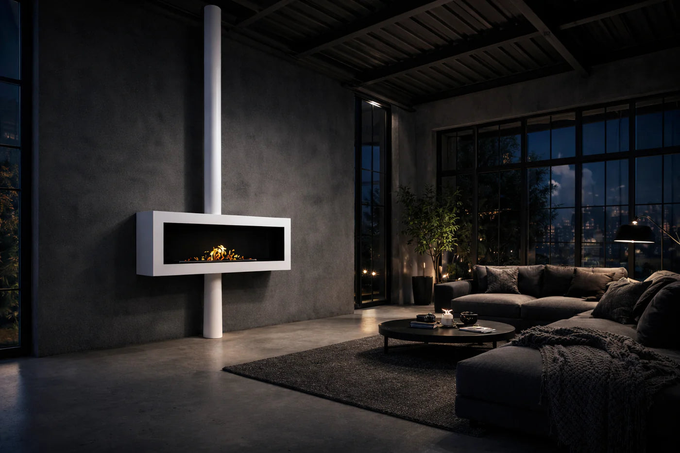 Image of Curve Tube White Ceiling Fireplace 120 cm