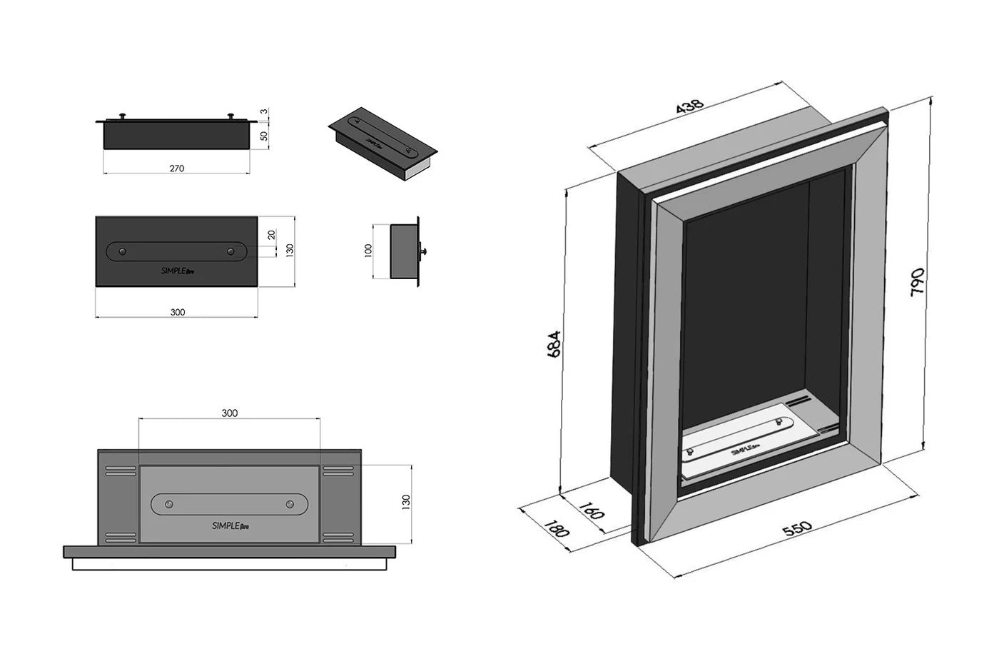 Frame Stainless Steel Bio Ethanol Built-in Fireplace 55 cm