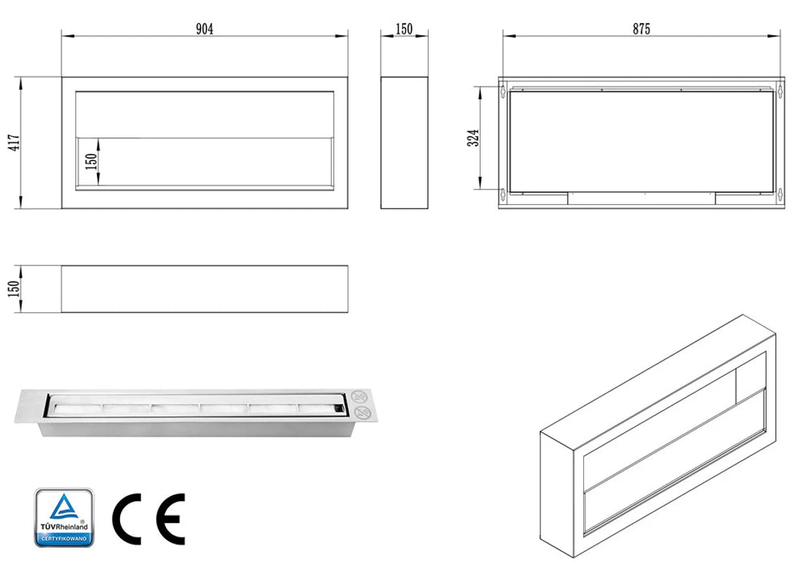 Bio Ethanol Wall Mounting Fireplace Black 90 cm