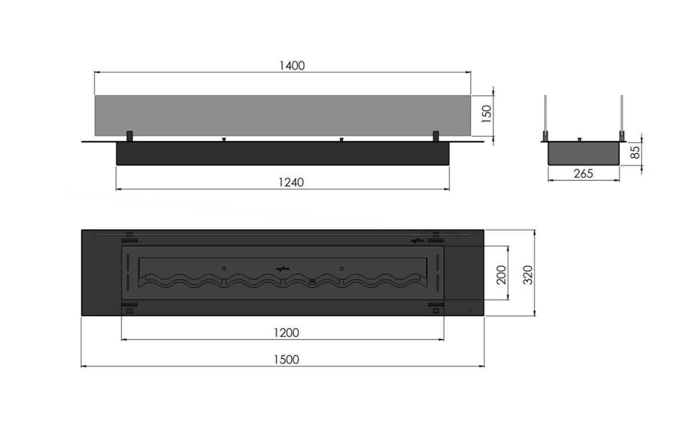 Insert Black Bio Ethanol Burner Insert 1500 mm