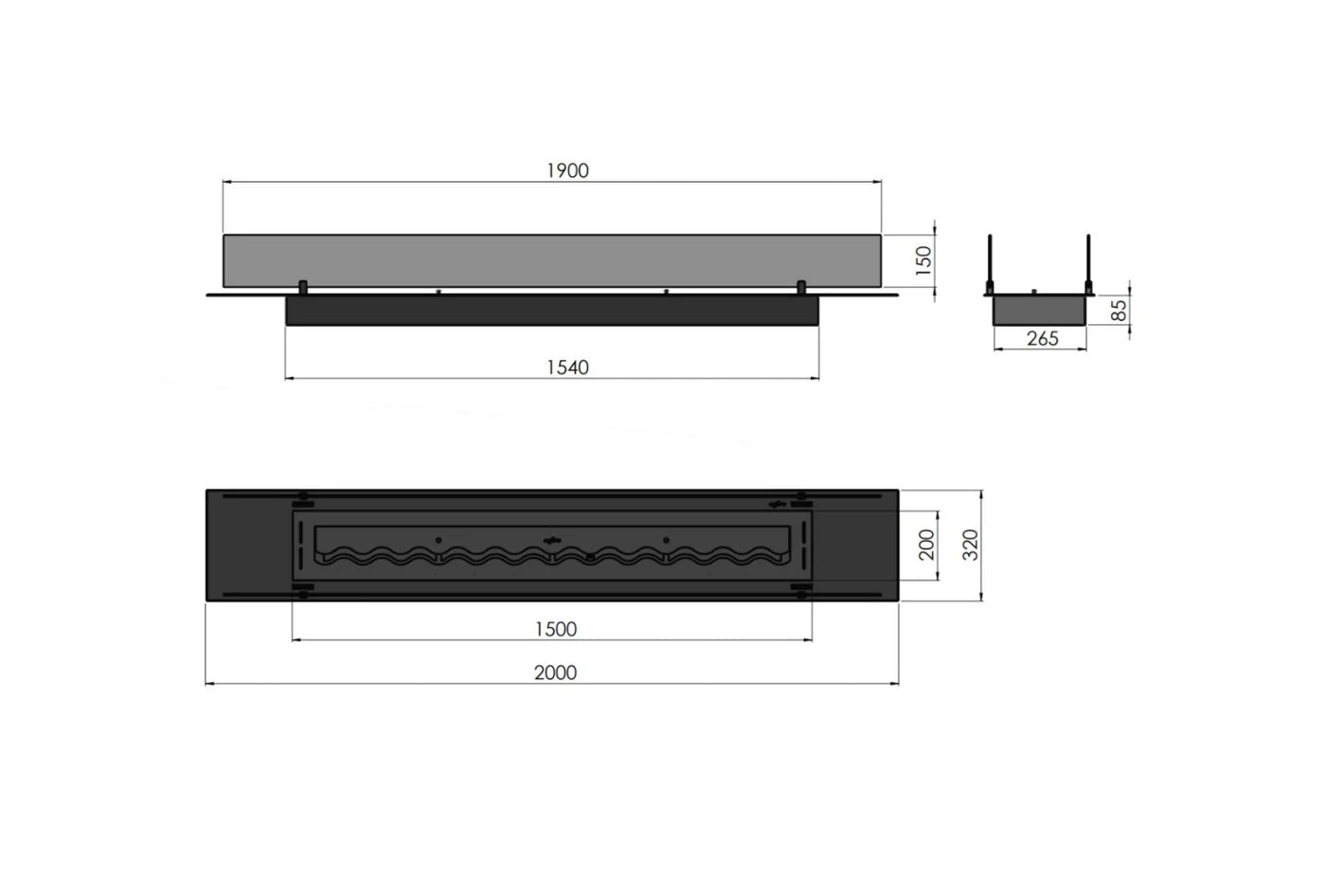 Insert Black Bio Ethanol Burner Insert 2000 mm