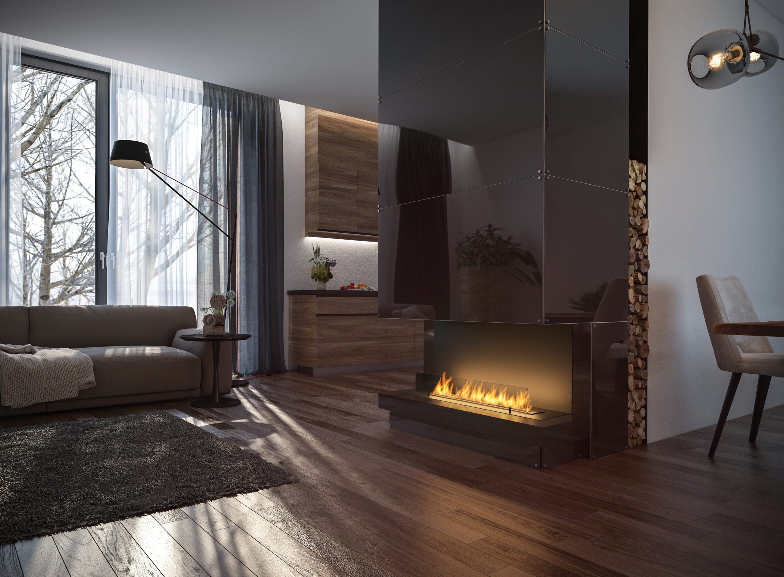 Inside Three-sided Built-in Fireplace 100 cm