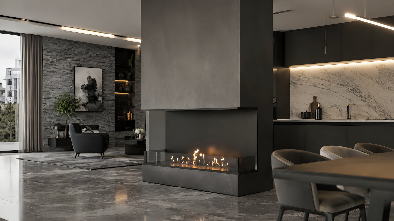 Made Three-sided built-in fireplace 140 cm