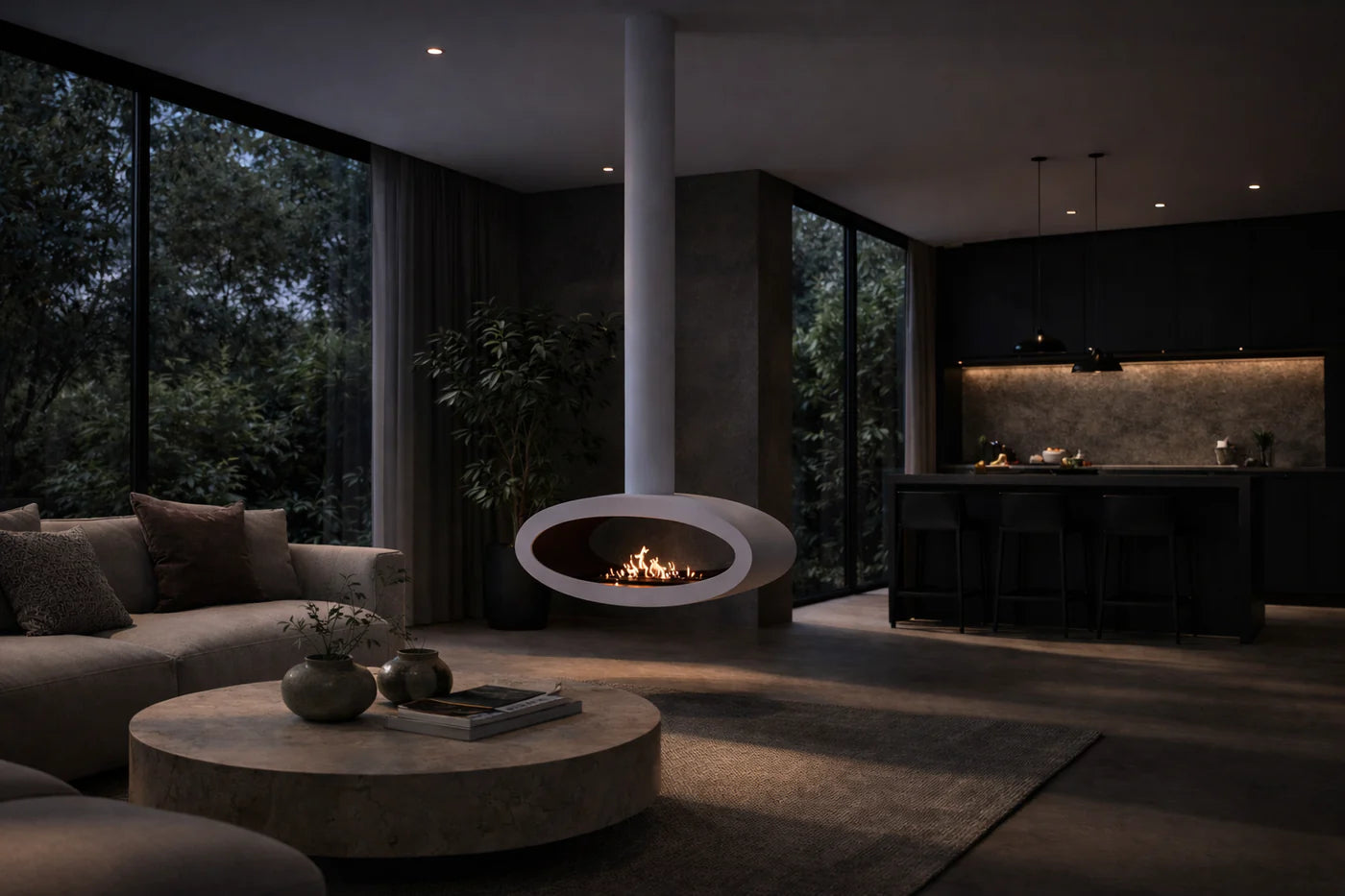 Ova Tube White See-Through Ceiling Fireplace 100 cm