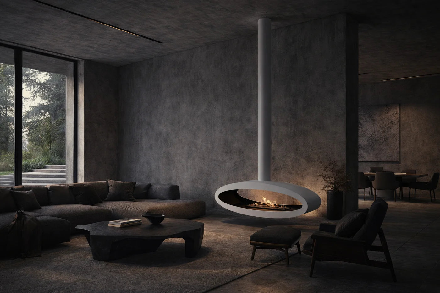 Ova Tube White See-Through Ceiling Fireplace 120 cm