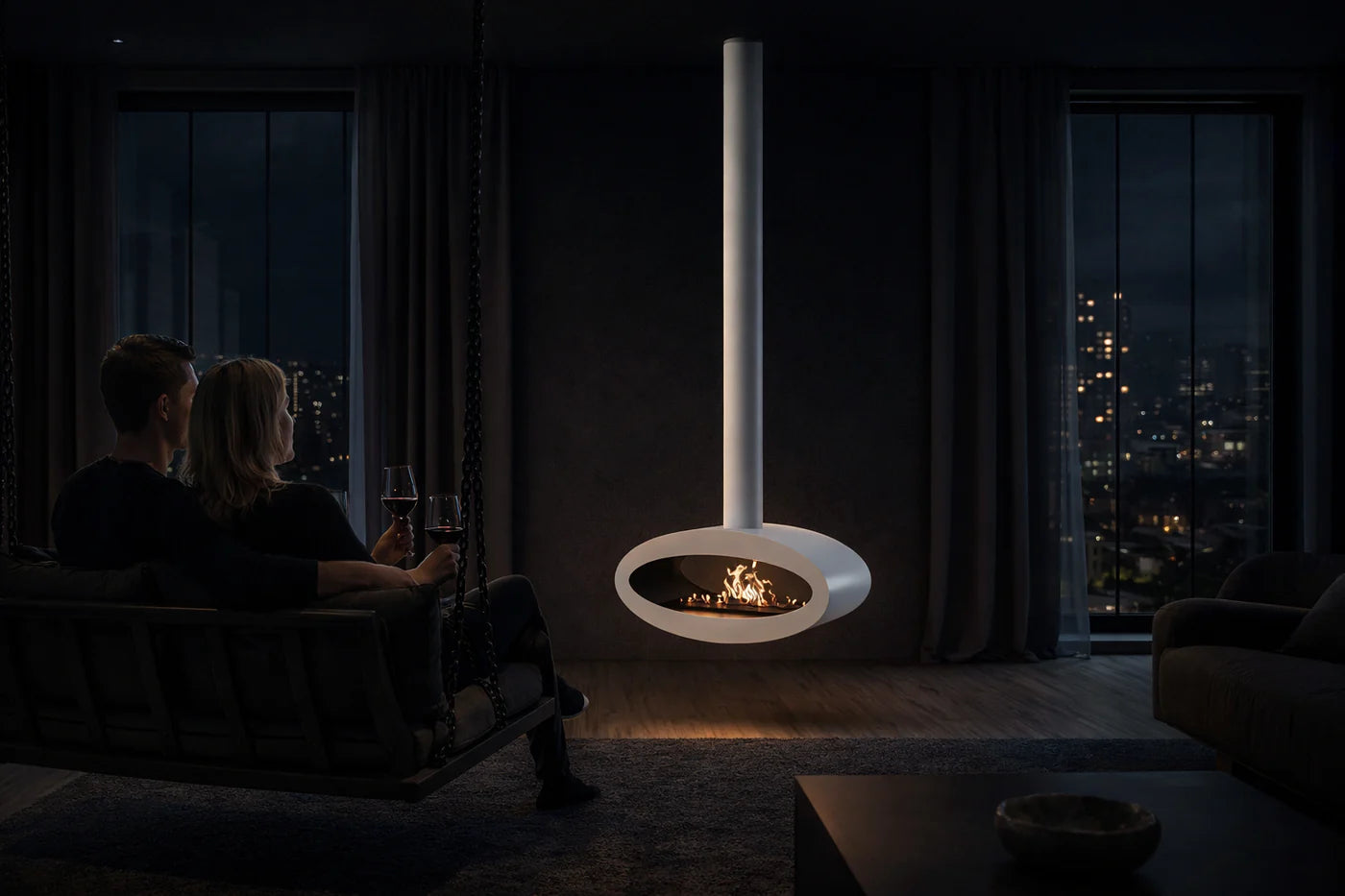 Image of Ova Tube White See-Through Ceiling Fireplace 80 cm
