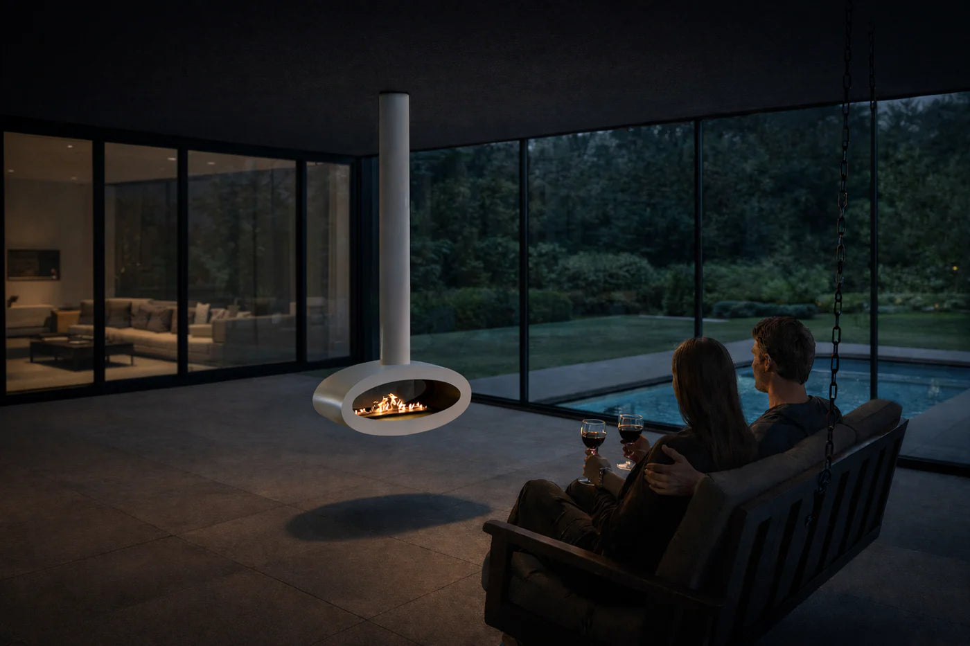 Image of Ova Tube White See-Through Ceiling Fireplace 80 cm