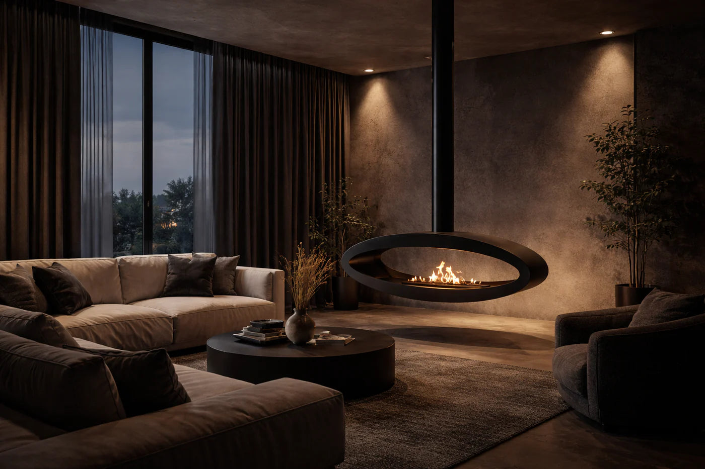 Image of Ova Tube Black See-through Ceiling Fireplace 120 cm