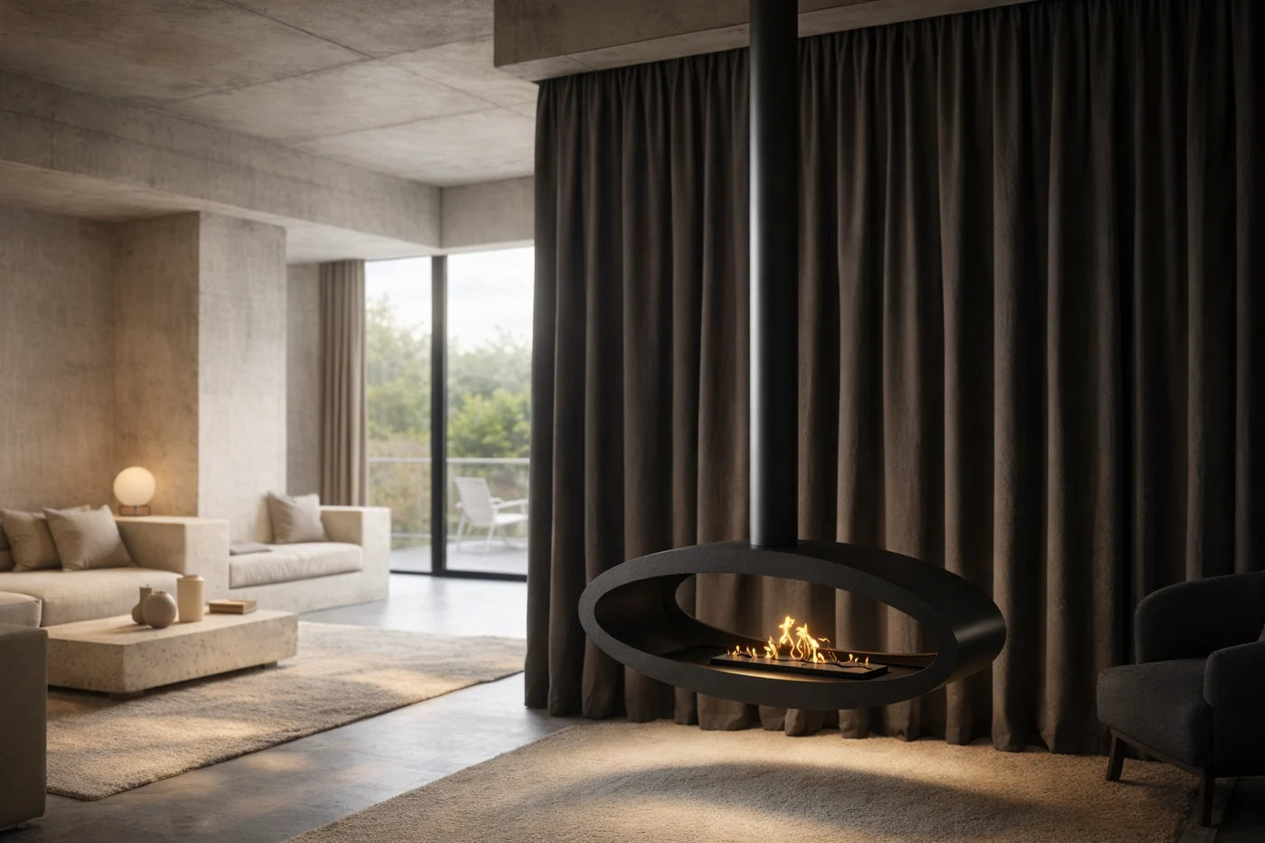 Image of Ova Tube Black See-through Ceiling Fireplace 120 cm