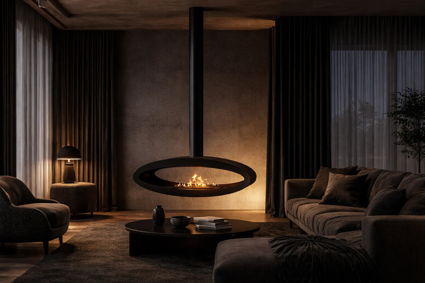 Ova Tube Black See-through Ceiling Fireplace 120 cm